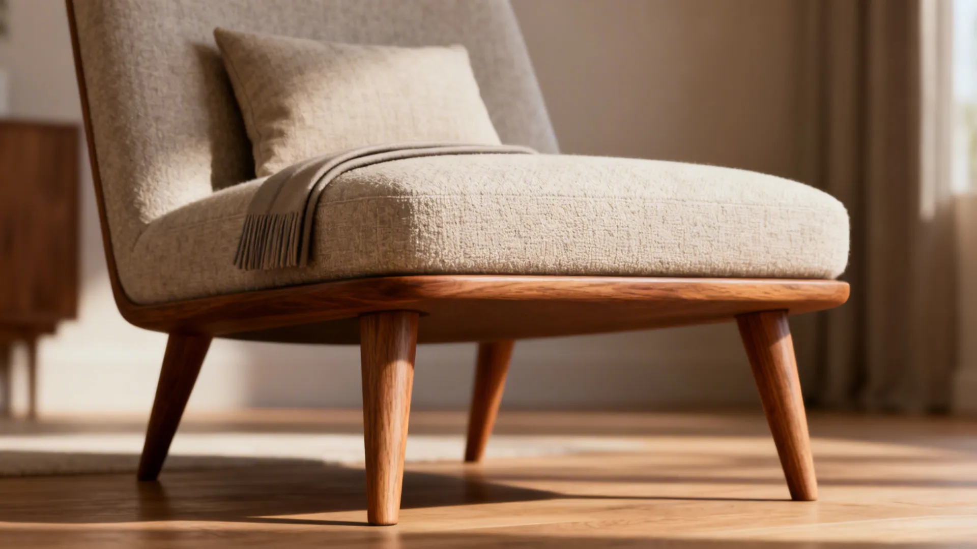 Slim-leg lounge chair with tapered wooden legs and a slim throw in a living room