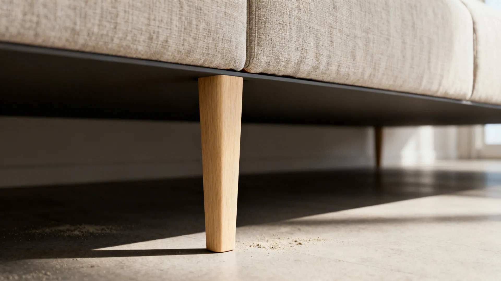 Close-up of slim wooden legs under a sectional showing floating effect