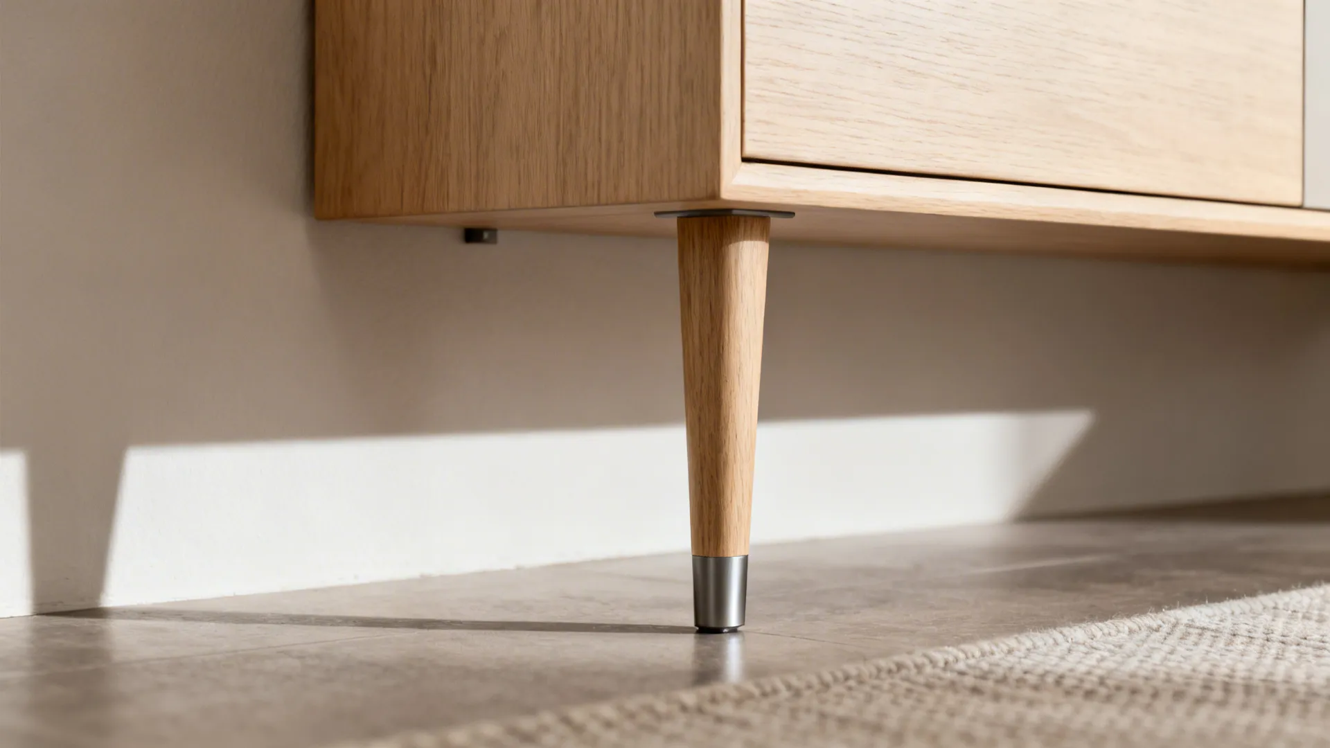 Close-up of a slim sofa leg and a floating media shelf showing air and light beneath.