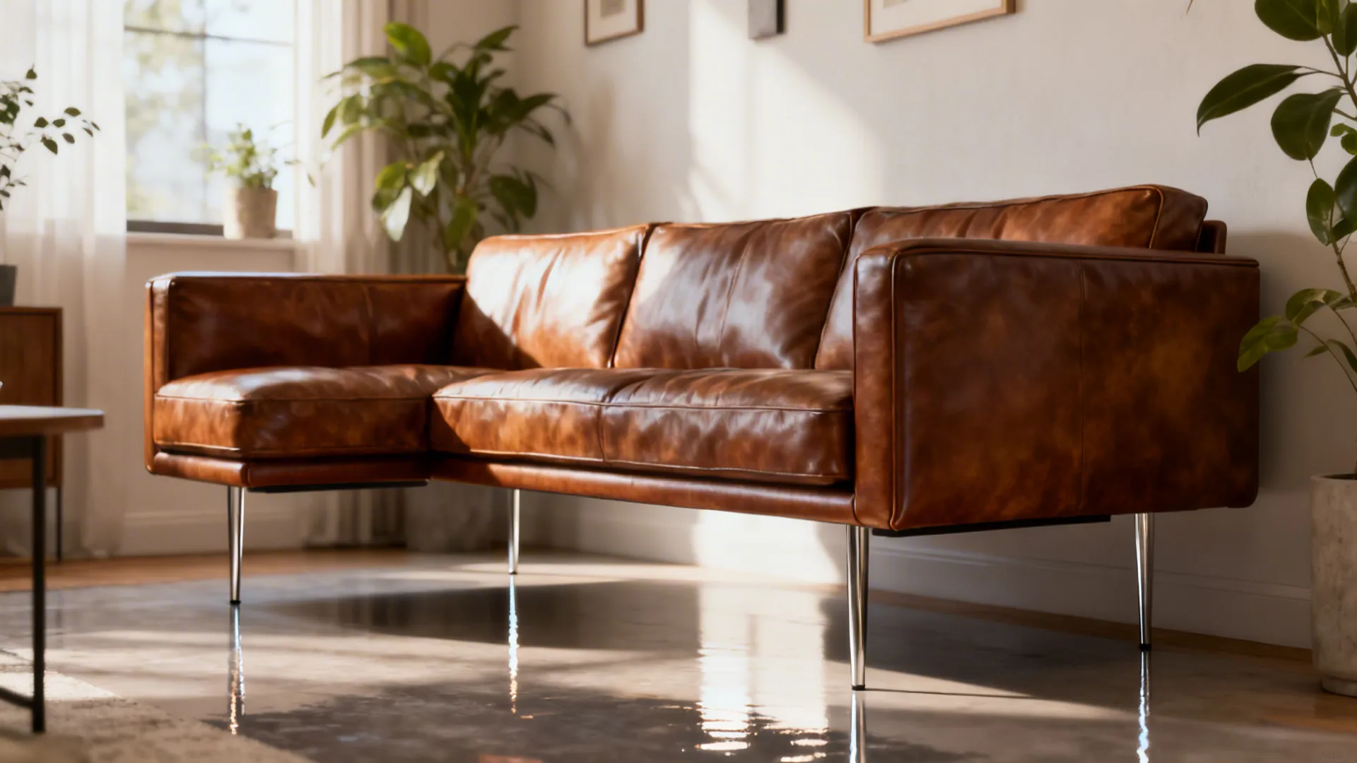 Slim-leg leather L-sofa raised on metal legs to create a floating effect and reveal floor space.