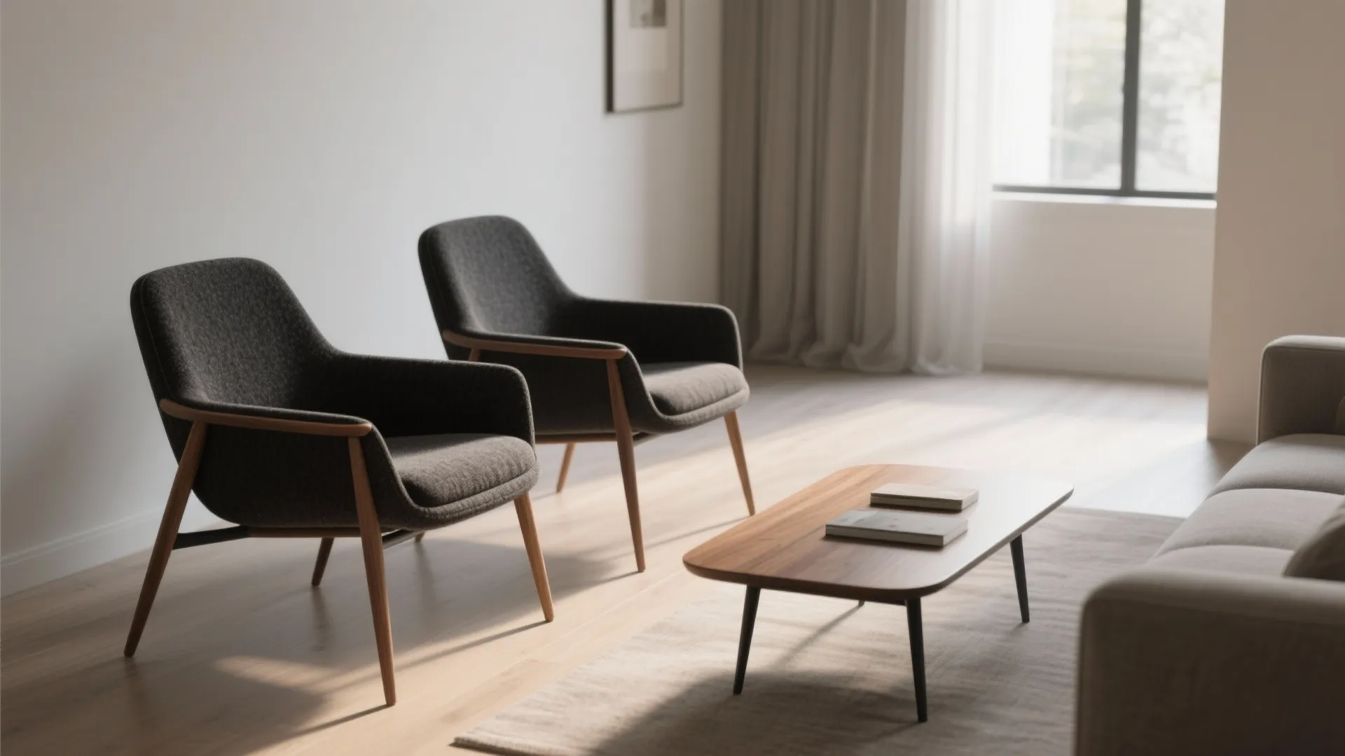 Modern living room featuring two dark grey armchairs wooden coffee table and soft natural light