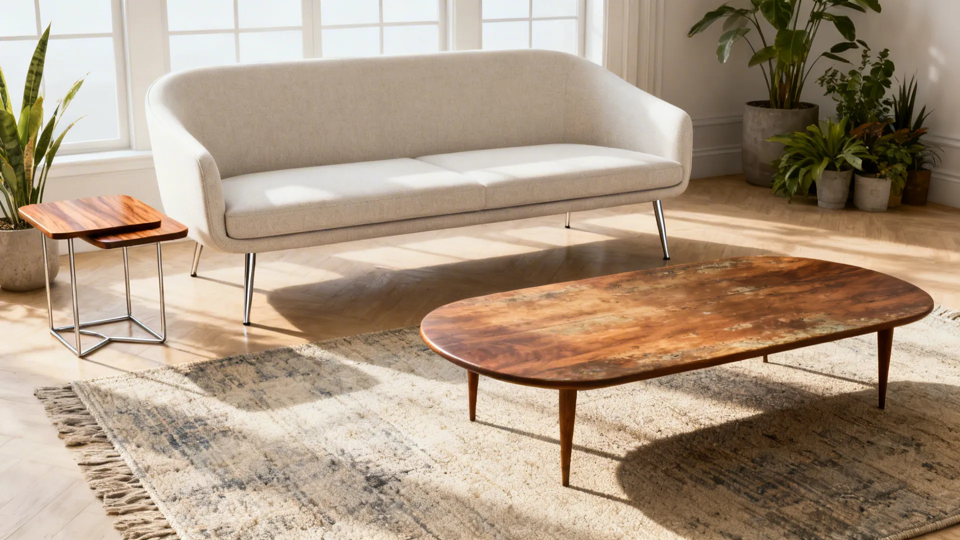 Slim-leg sofa with nesting tables and a mid-century coffee table in a bright living room.