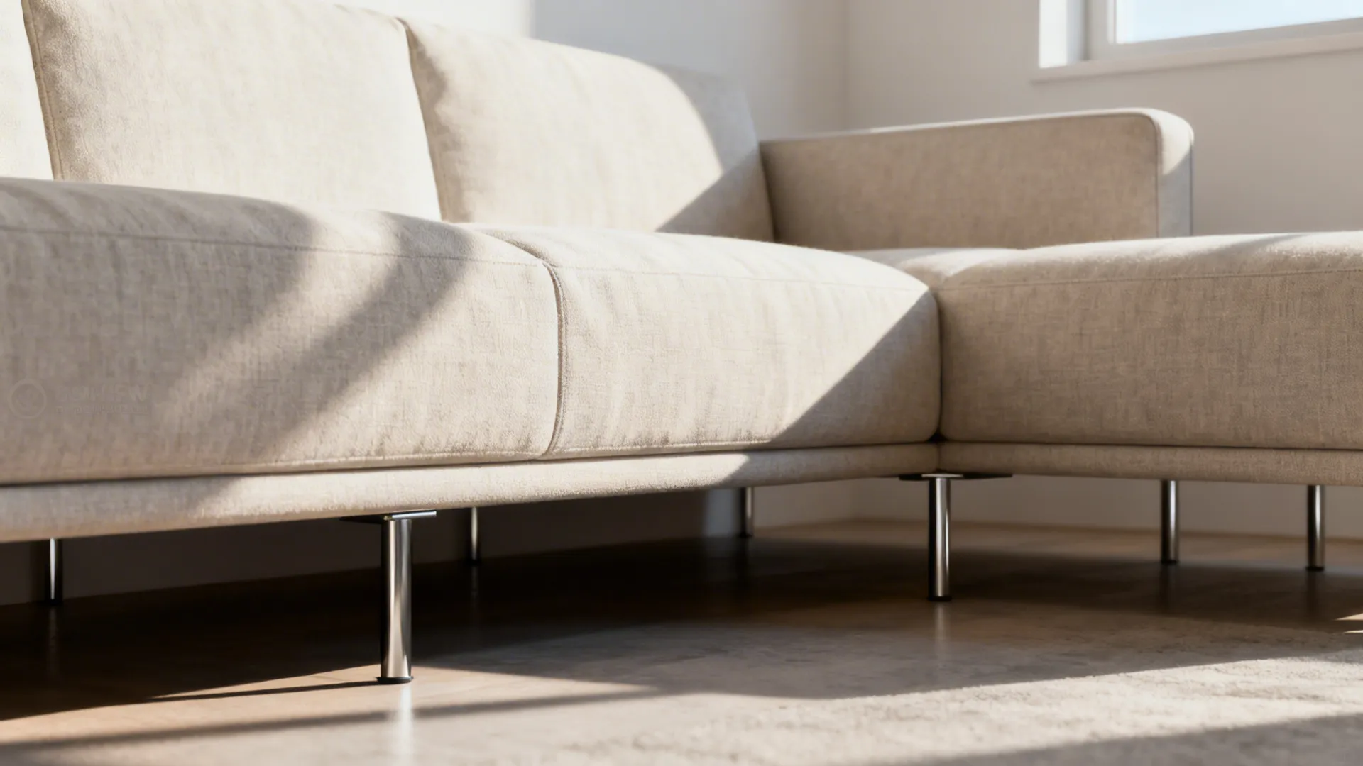 Slim-leg sectional with raised legs showing open floor space beneath