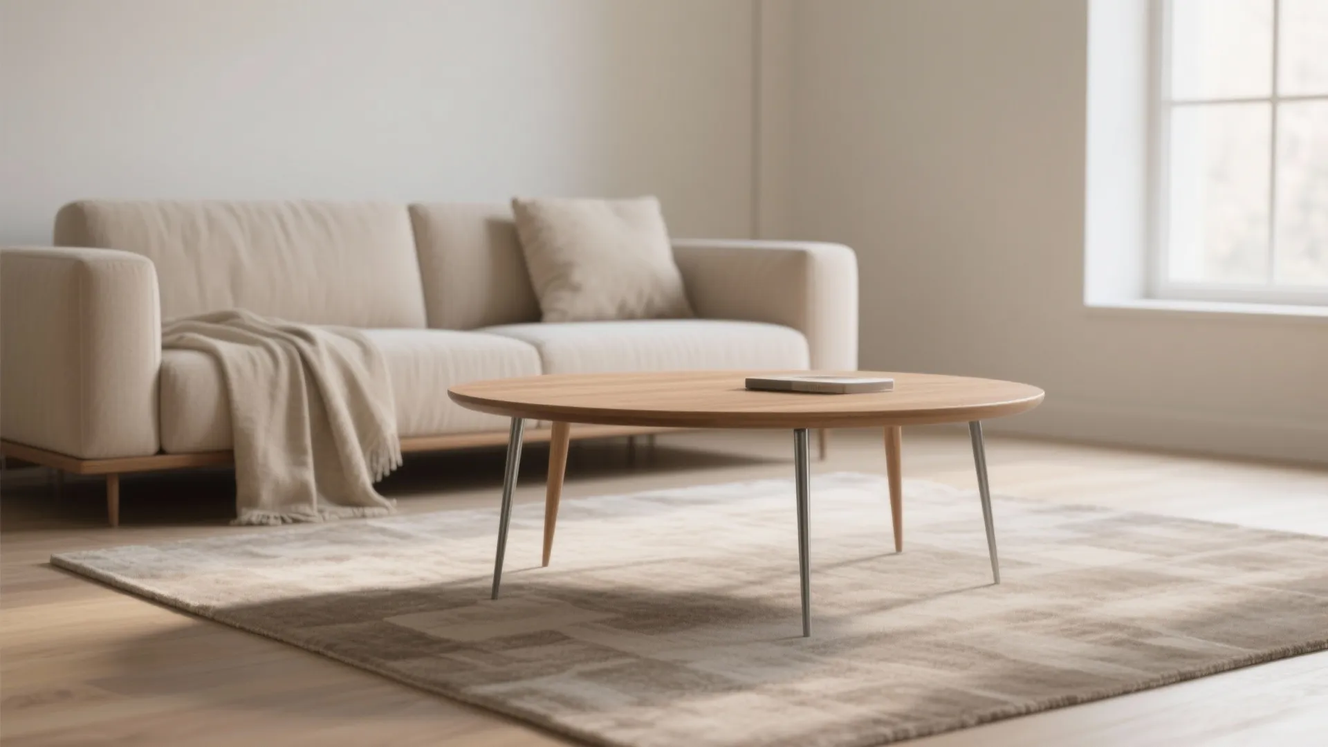 Round wood coffee table with slim metal legs in a minimalist living room with sofa