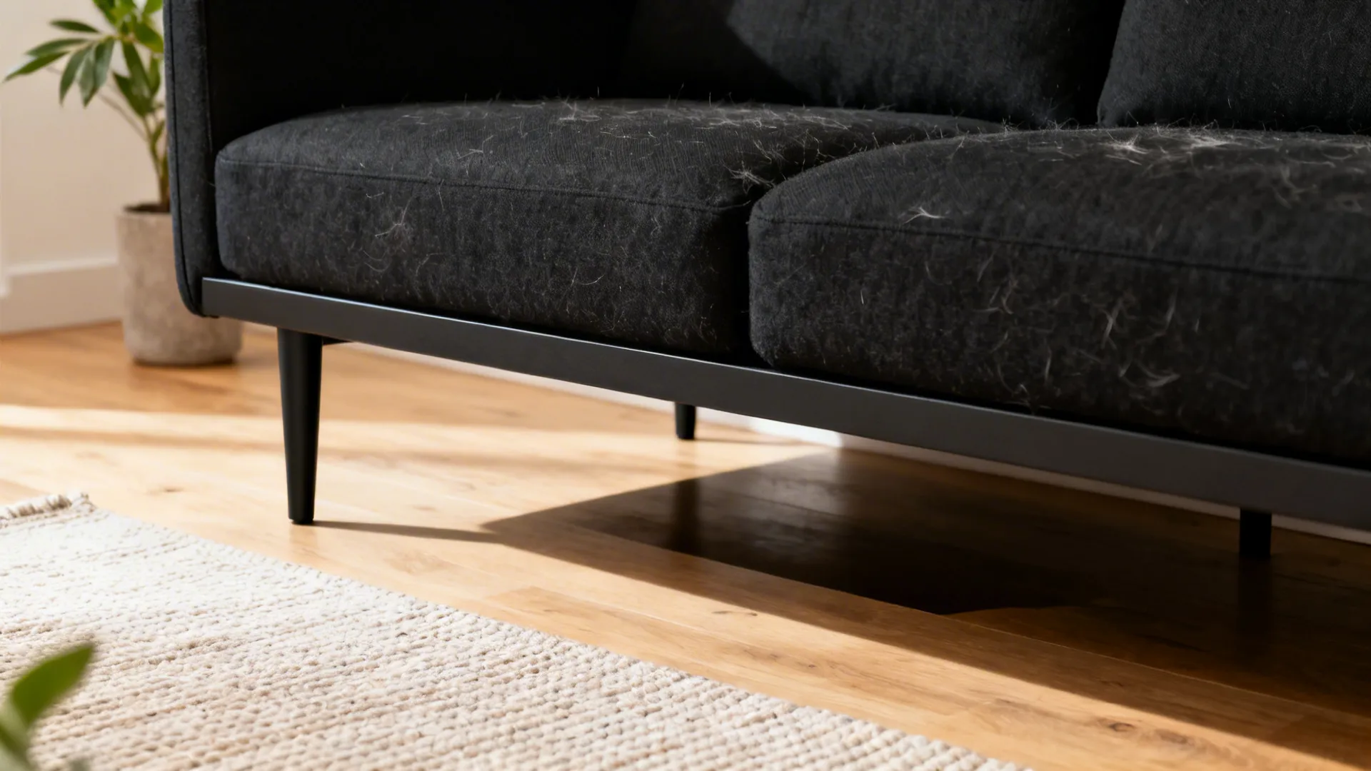 Slim-leg black two-seater sofa with visible floor space underneath and textured fabric