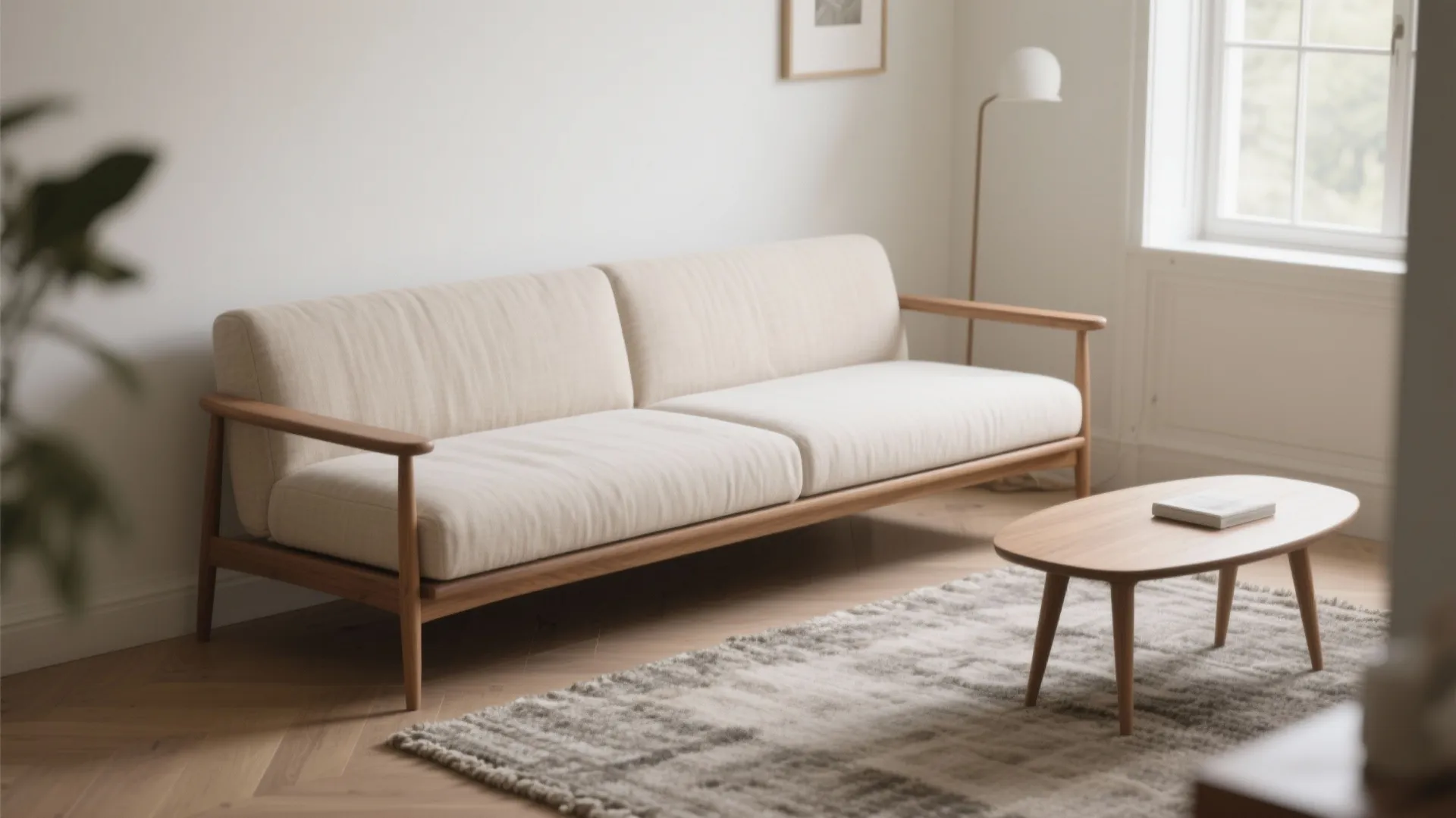 Minimalist cream sofa with wooden legs and arms on grey rug with wooden coffee table