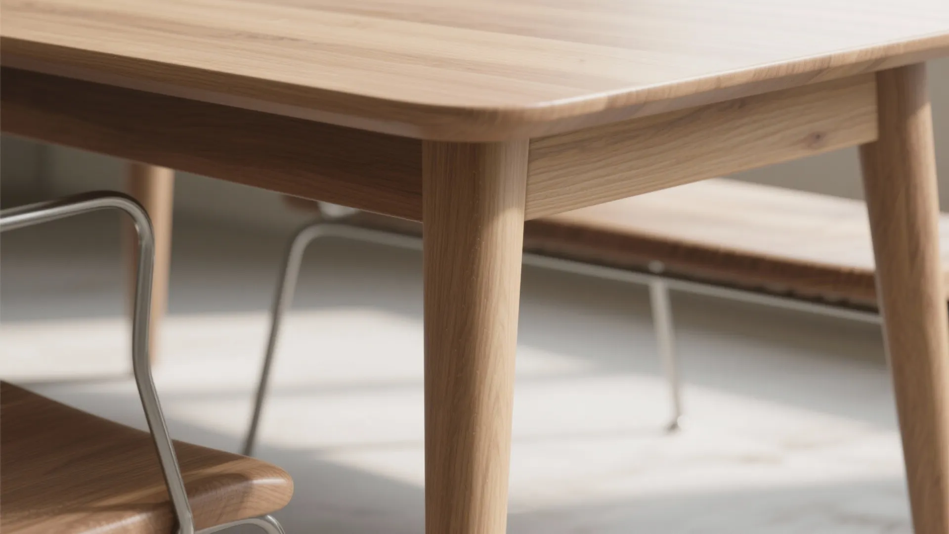 Close-up of a light wooden dining table showing slim legs with a matching wooden chair