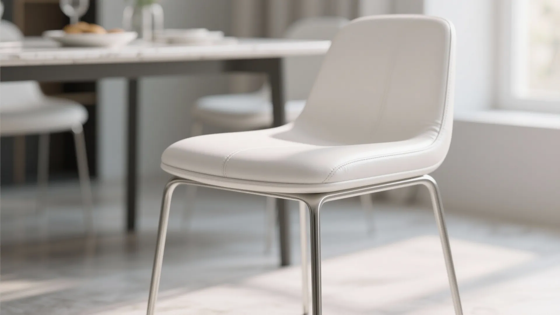 Close-up of white faux leather chair with a slim tapered metal leg creating visual lightness.