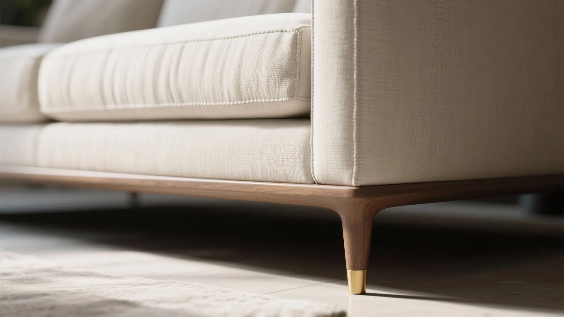 Close up of beige fabric sofa with smooth wooden leg and small gold metal foot