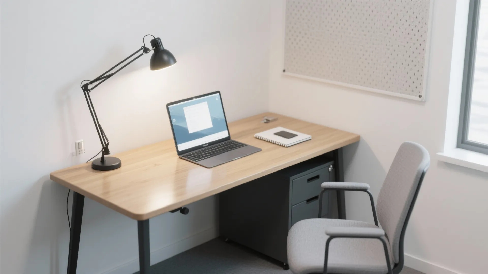 Minimalist home office desk with a laptop black desk lamp grey chair and peg board