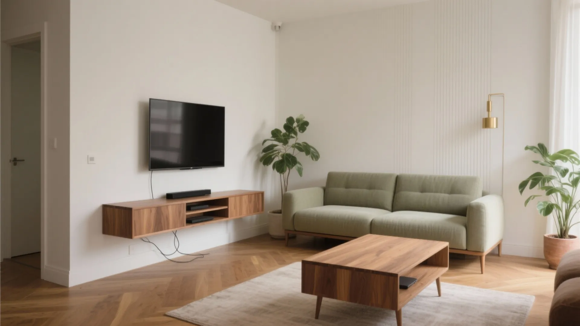 Bright living room with green sofa, wooden coffee table, wall television, and green indoor plants