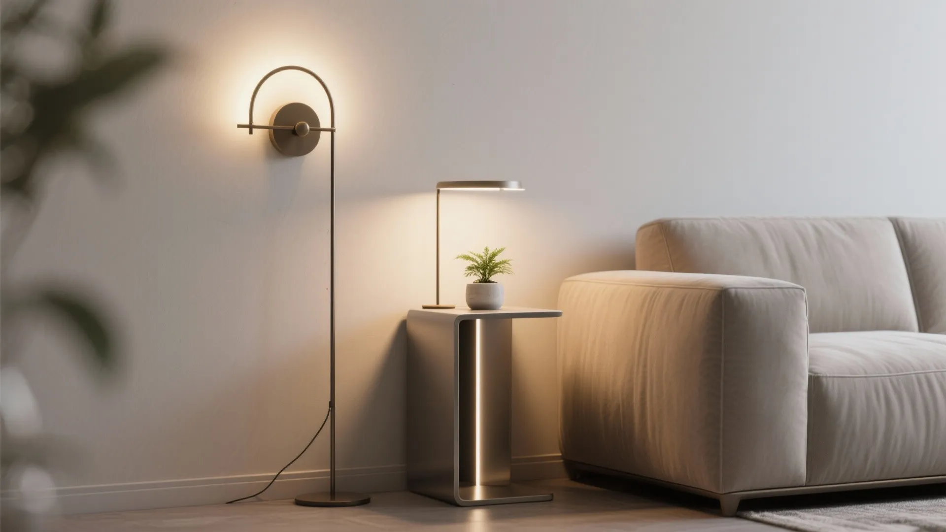 Layered lighting with wall sconce, slim floor lamp and a narrow side table next to a sofa creating depth without bulk.