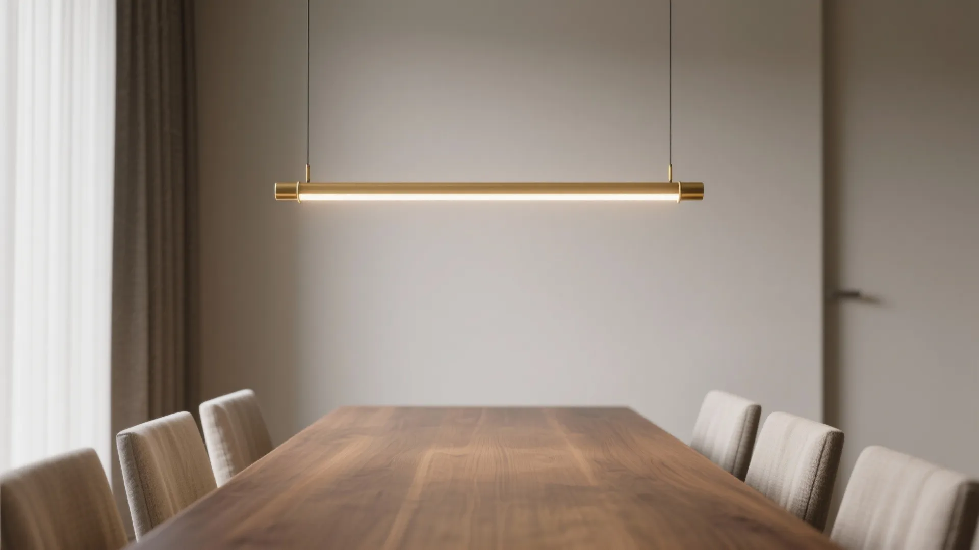 Slim linear chandelier centered above a long narrow dining table, showing clear proportion and even light spread.
