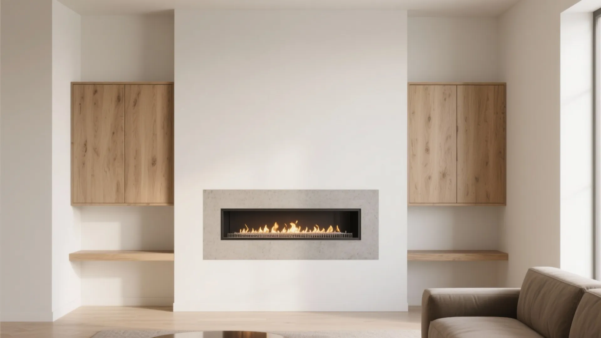 1) Slim linear built-in with a storage wall