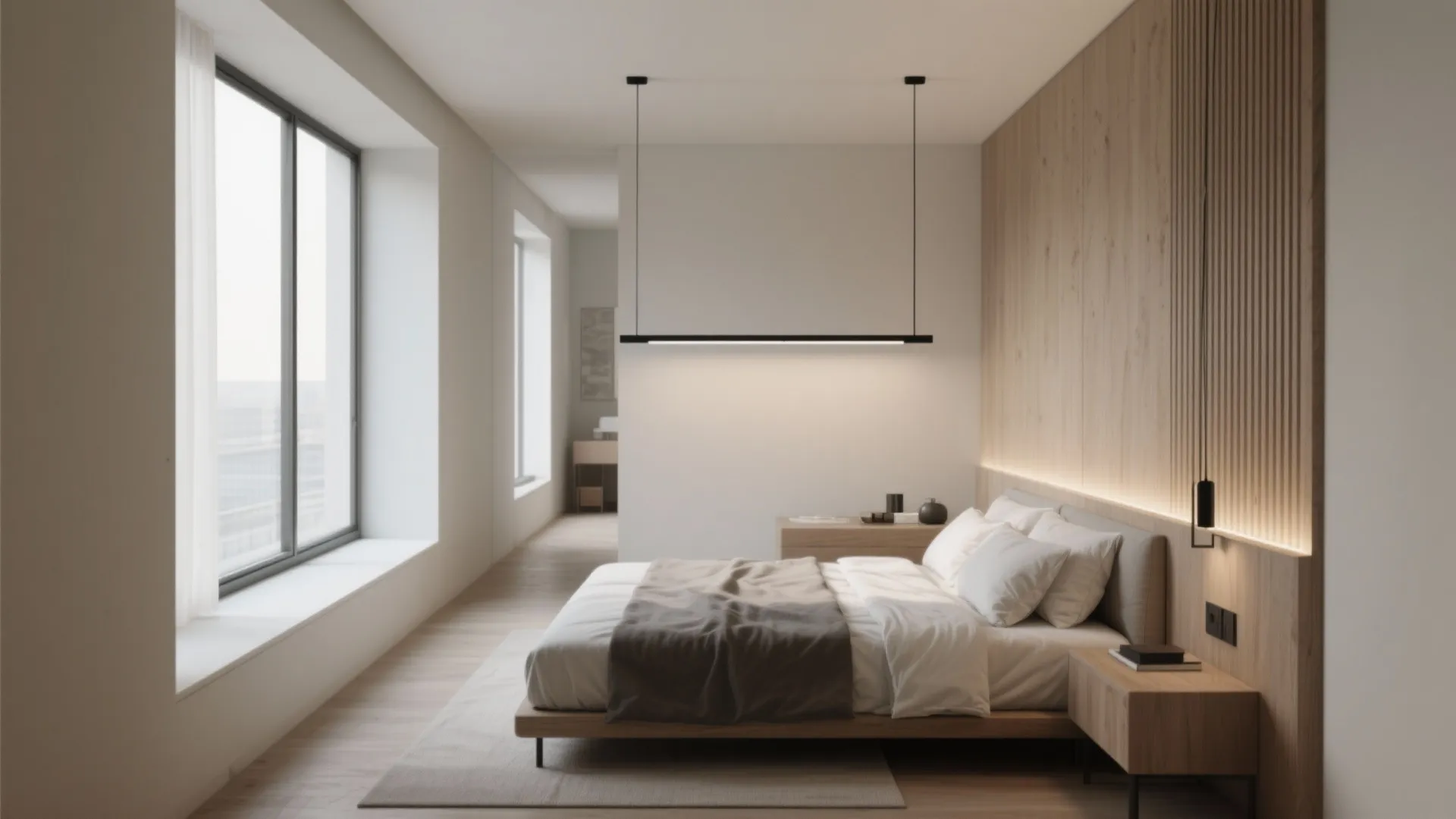 Modern minimalist bedroom with wood wall panel long linear ceiling light and large bright windows