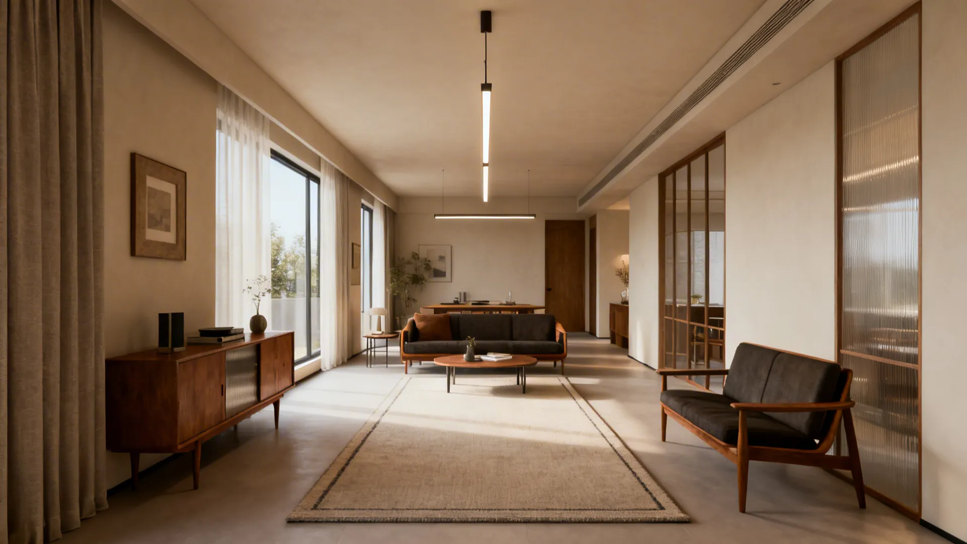 Long narrow living room with a slim linear chandelier centered over the seating area