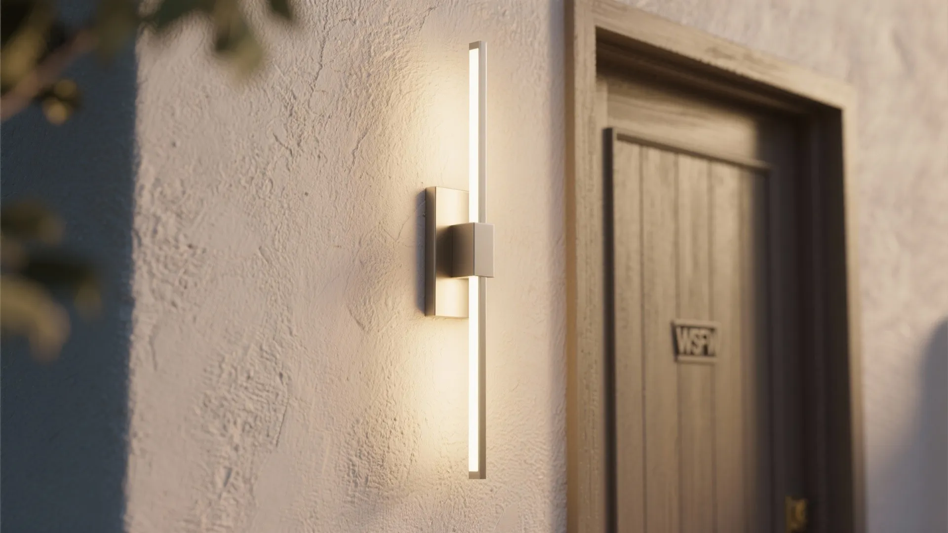 Modern vertical wall light glowing on a white textured wall next to a wooden door