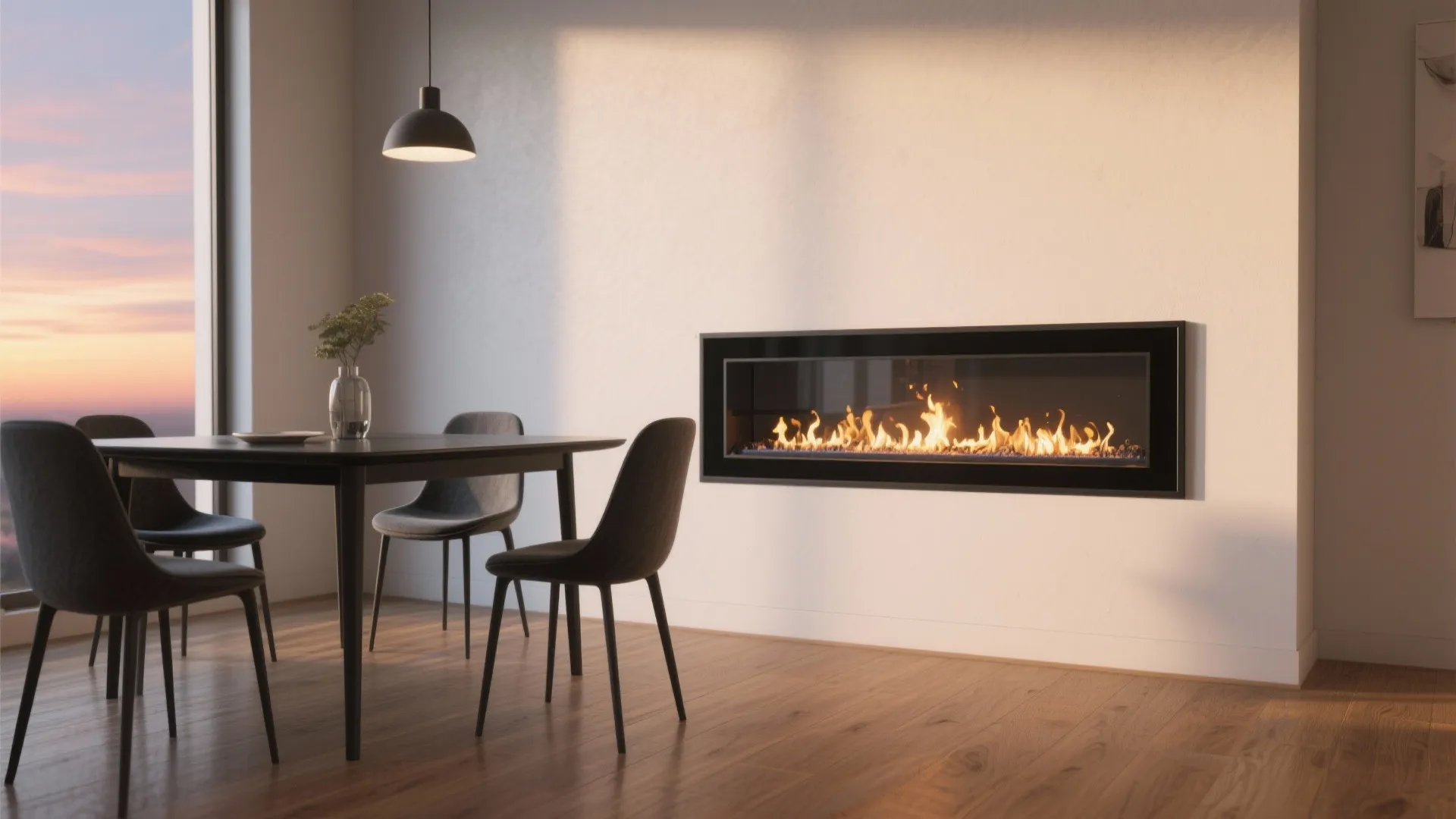 Modern dining room with black table, dark chairs, ceiling light, and long wall mounted fireplace