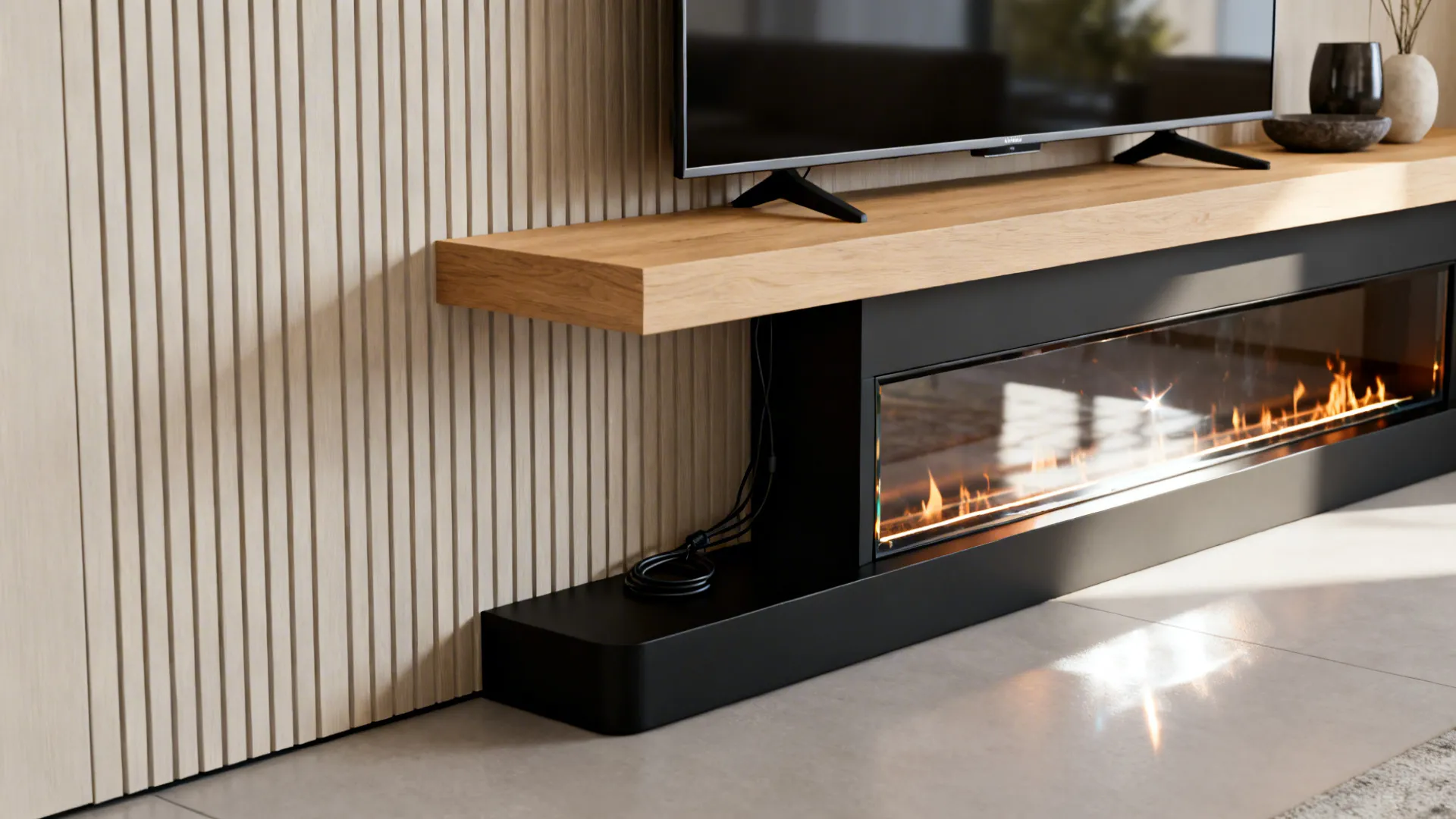 Slim linear corner fireplace under a floating media shelf in a small living room