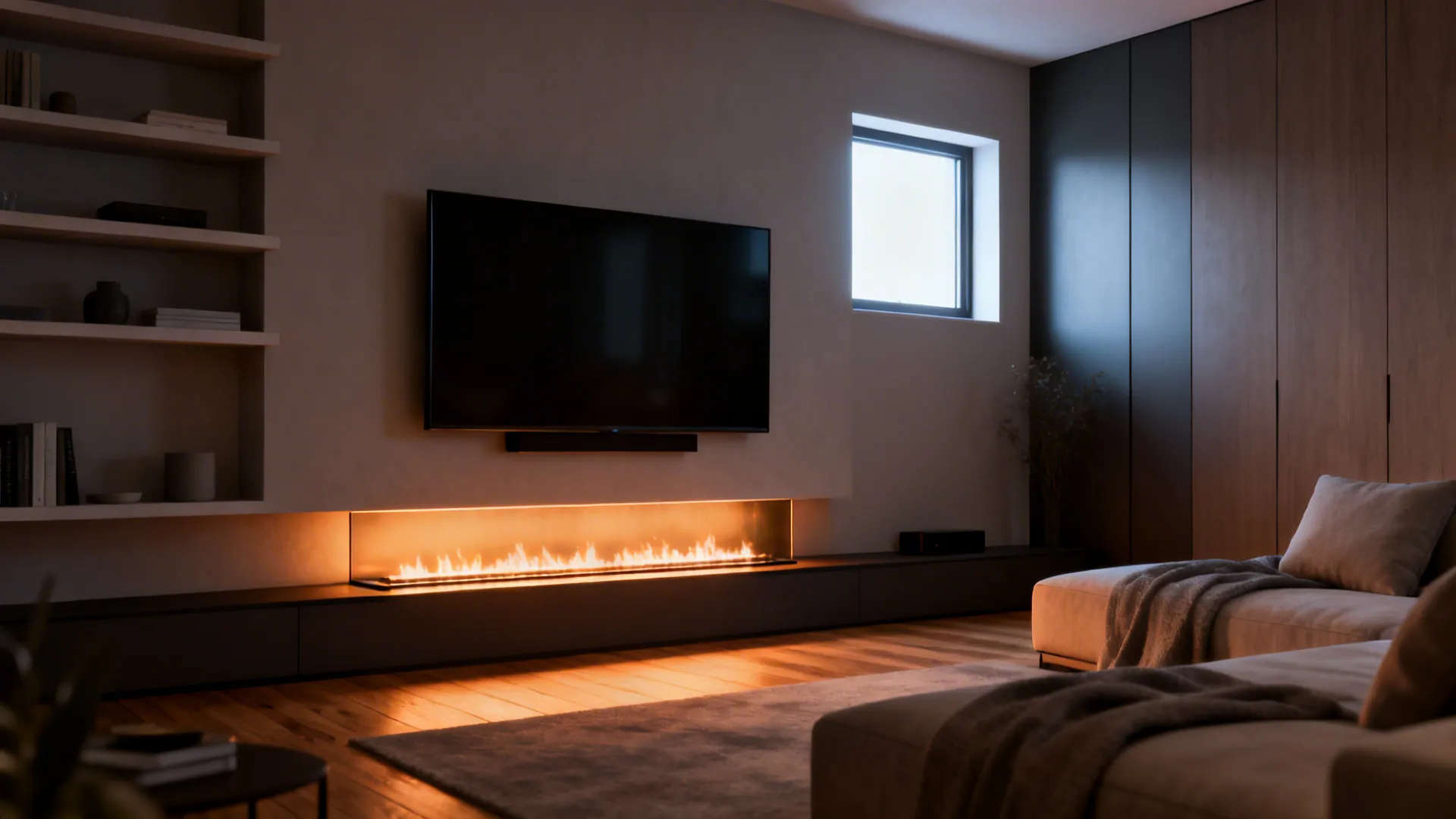 Modern living room with wall mounted television above a long thin fireplace and grey sofa