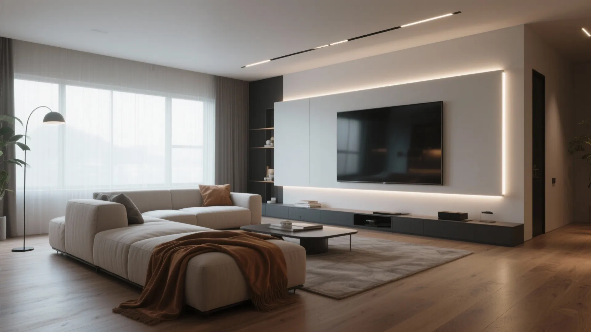 Modern living room with a large sofa coffee table floor lamp and thin ceiling light