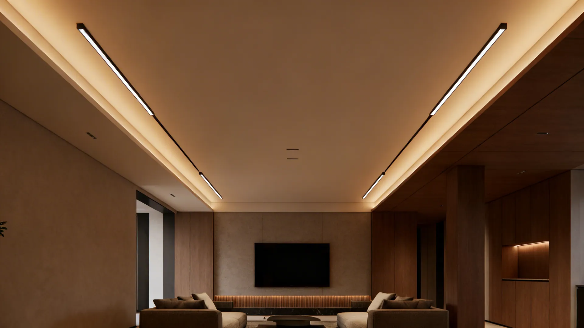 Slim linear LED fixtures flush-mounted on a low ceiling providing even illumination.