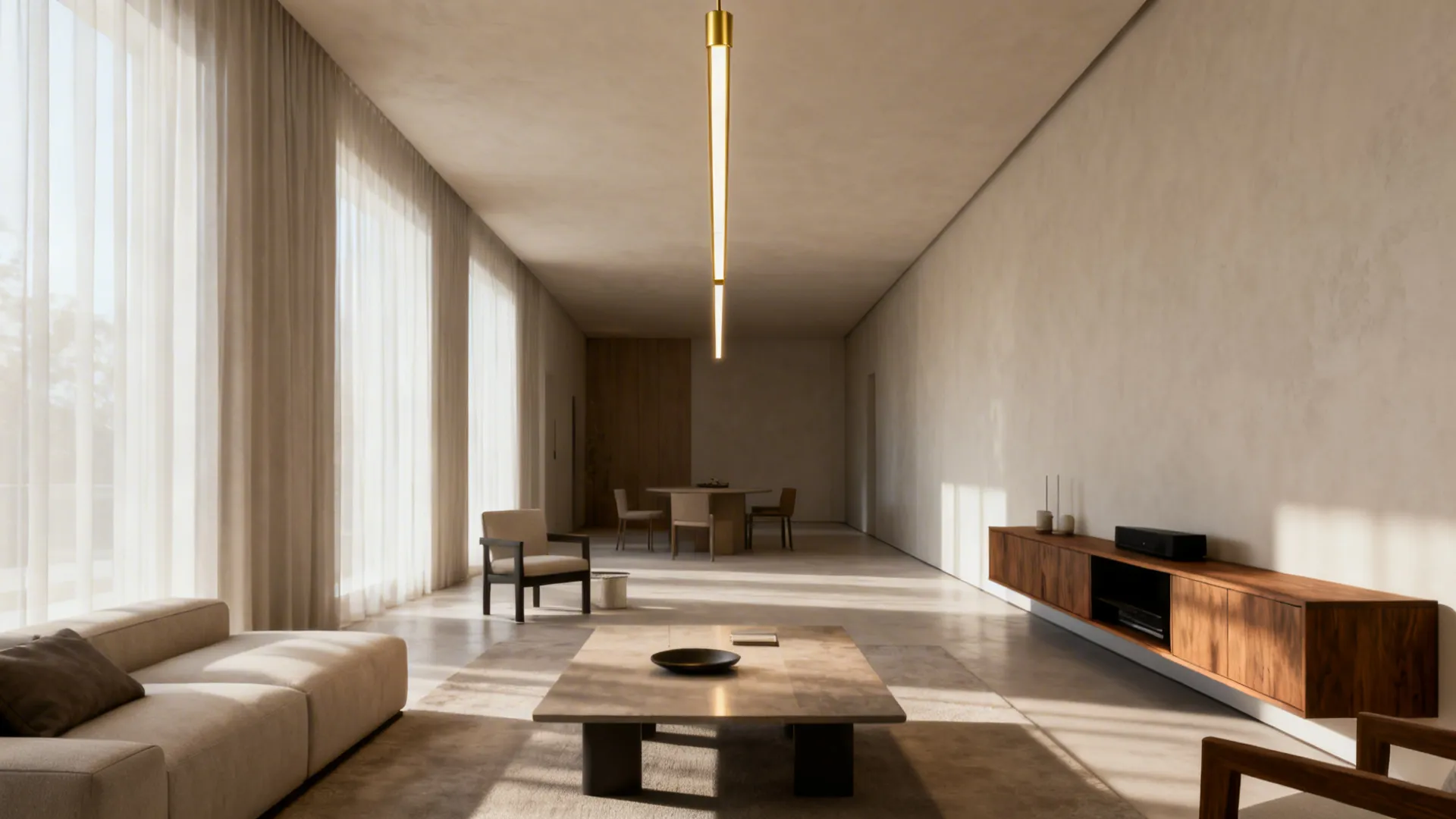 Narrow living room with a slim linear gold chandelier elongated above a coffee table and media console.