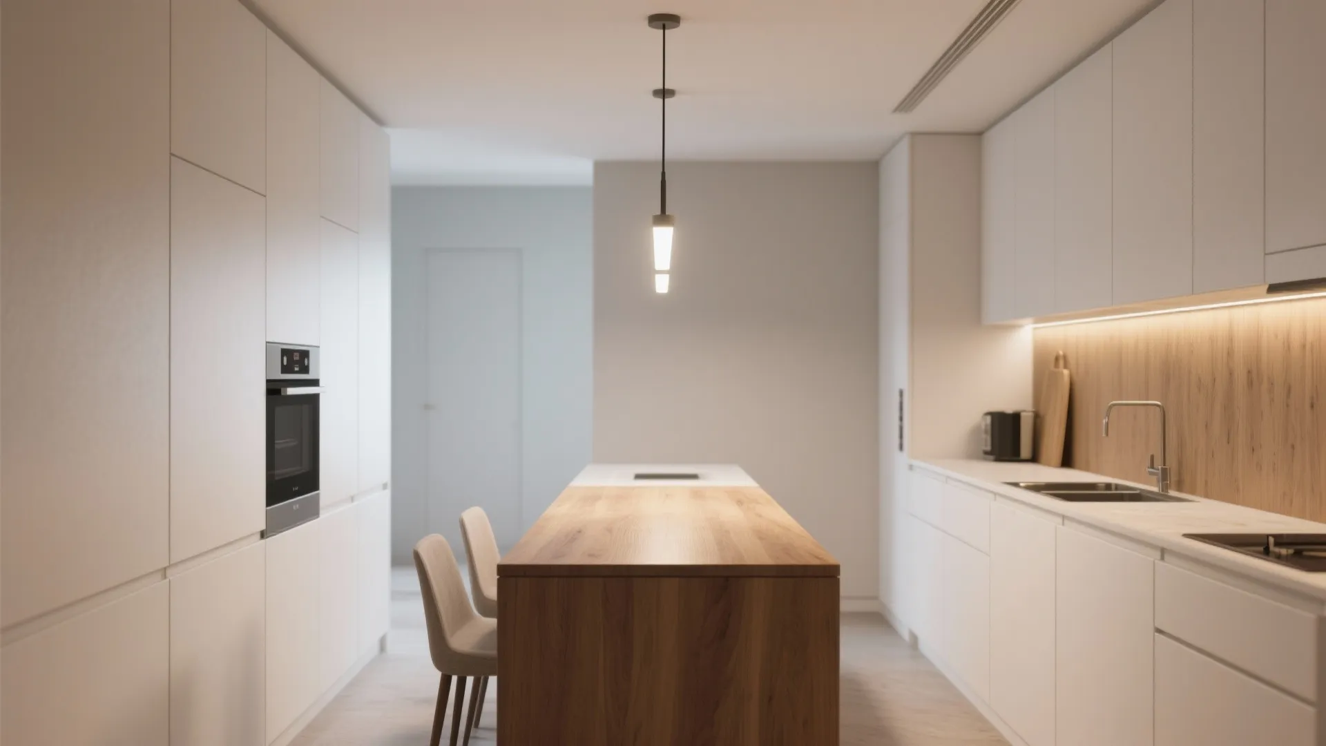 Galley kitchen with a slim linear chandelier above a narrow table illuminating the length