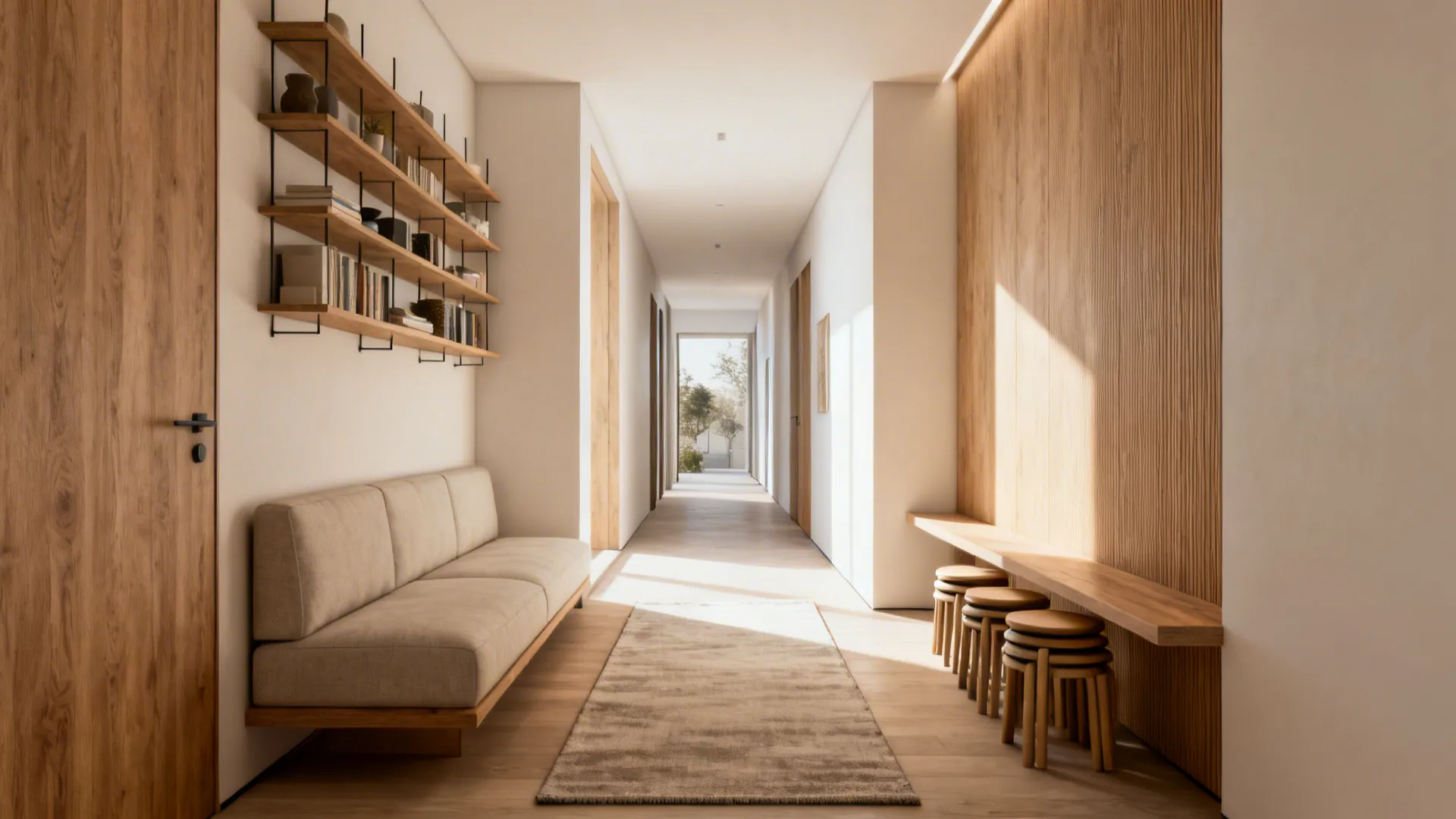 Slim loveseat and wall-mounted shelving creating an open walking corridor in a narrow living room.