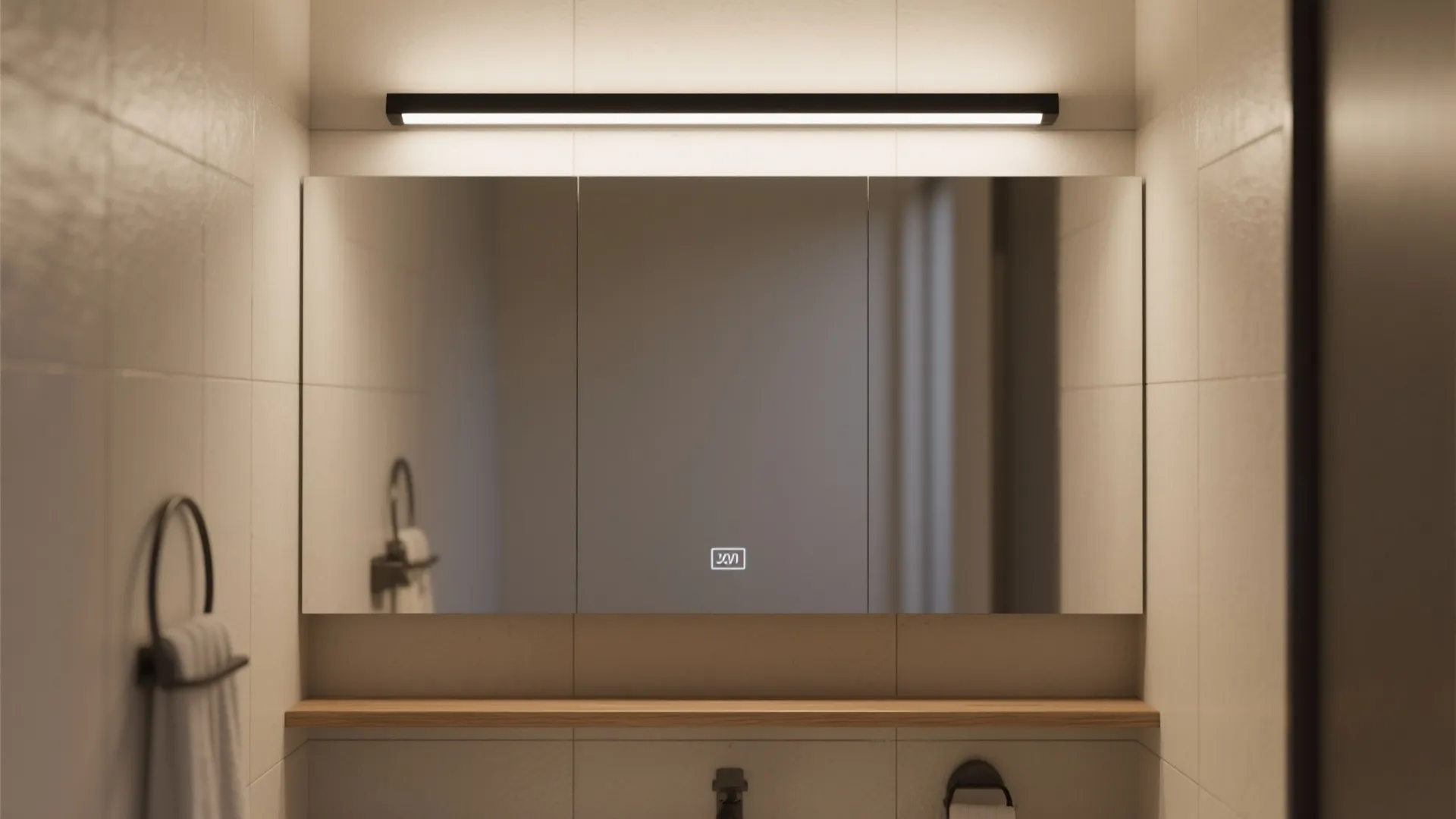 2. Slim black linear LED above the mirror