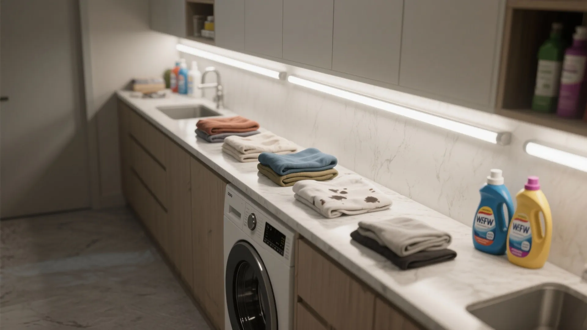 Modern laundry room counter with washing machine folded towels detergent bottles and bright light strips