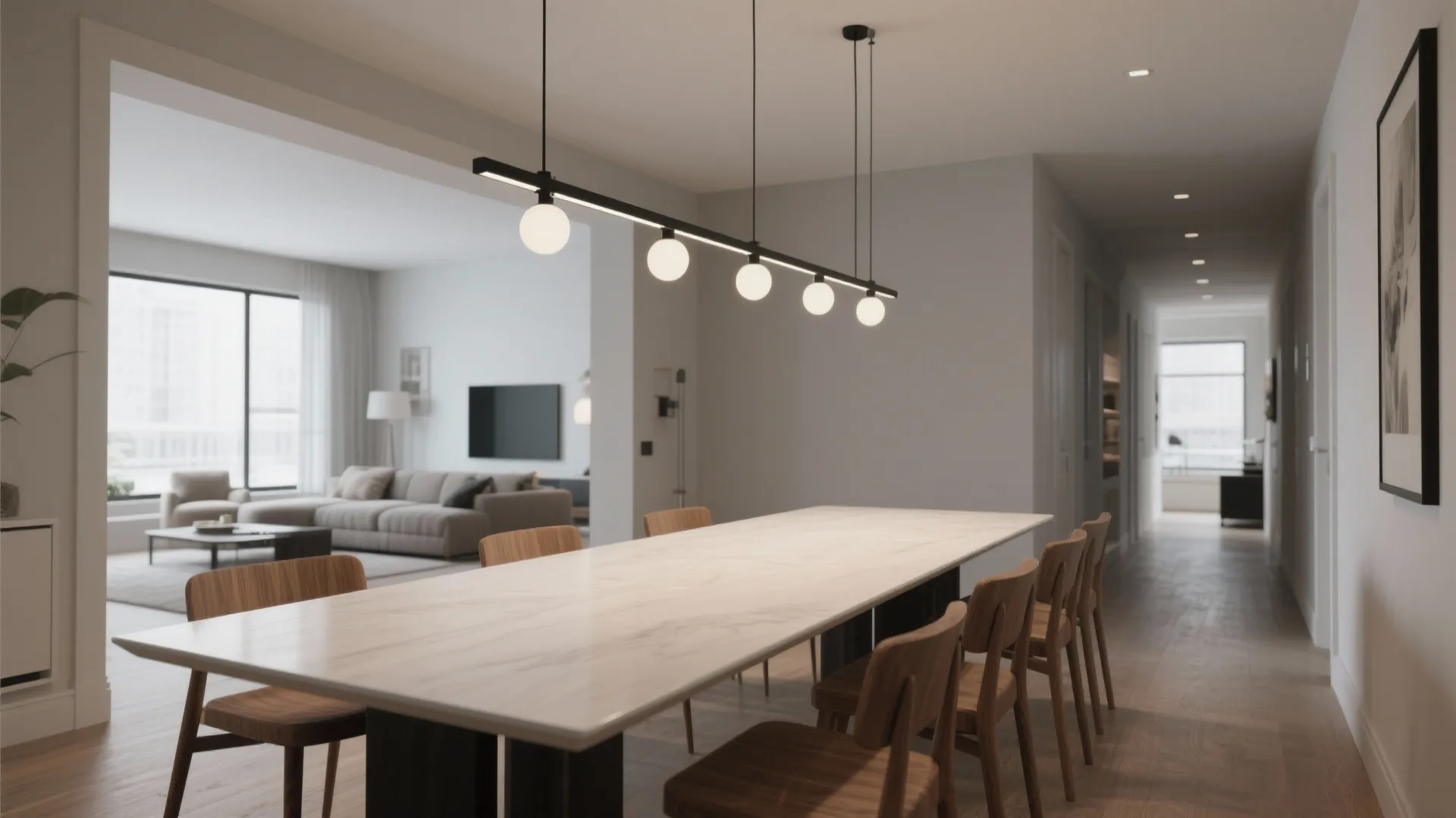 Slim linear chandelier with opal globes spreading soft light over a rectangular dining table.
