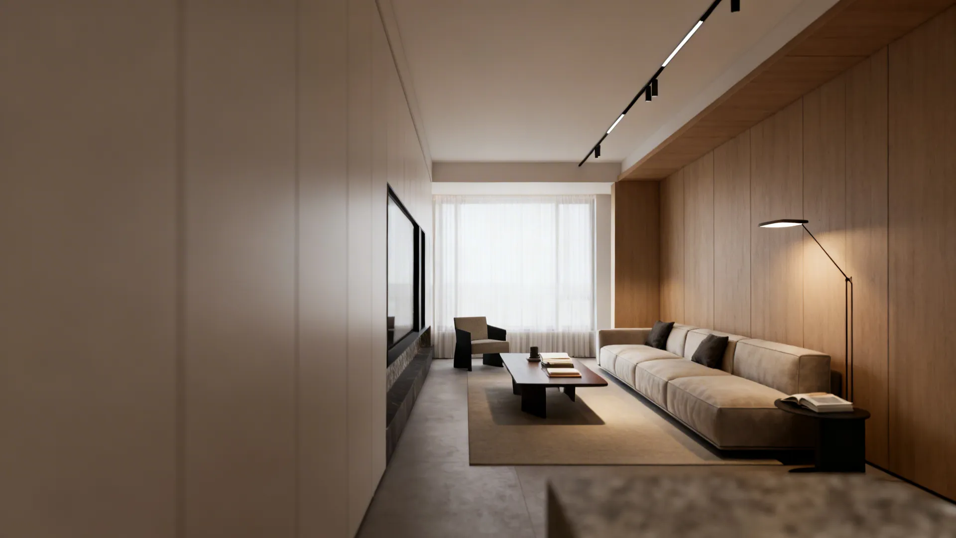 Narrow living room with a slim linear chandelier aligned above the sofa, creating balance and focused light.