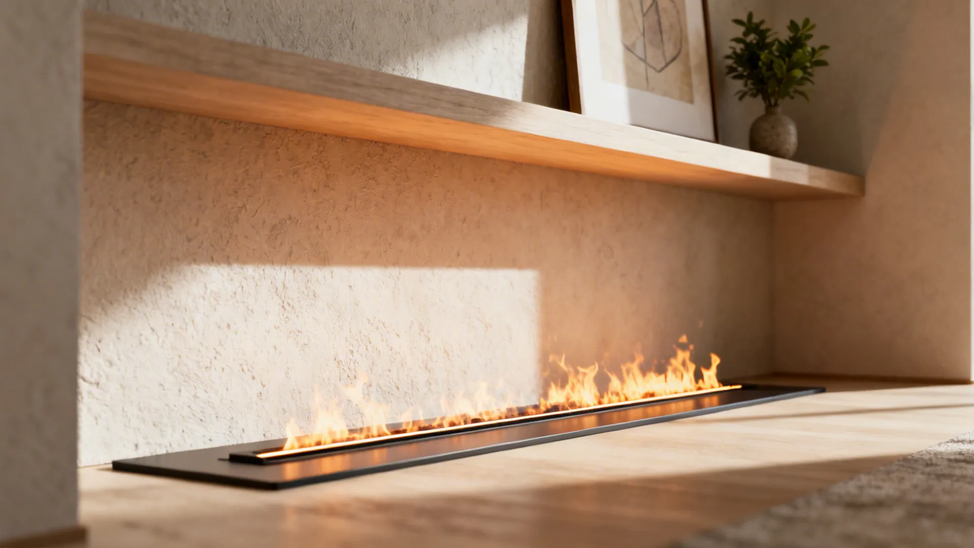 Long fireplace flame on floor under wooden shelf with a picture and green potted plant