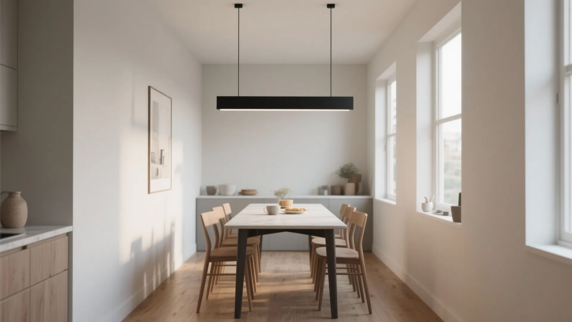 Modern dining room with black linear ceiling light over a white table and wooden chairs