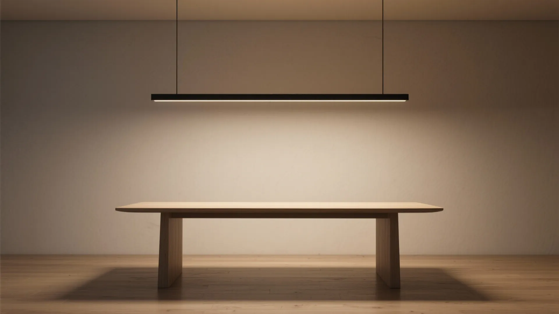 Long black modern ceiling light hanging over a wooden dining table in a minimalist room