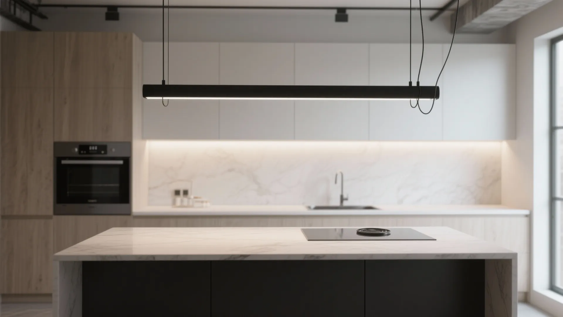 4. Slim linear pendants for sleek minimal kitchens