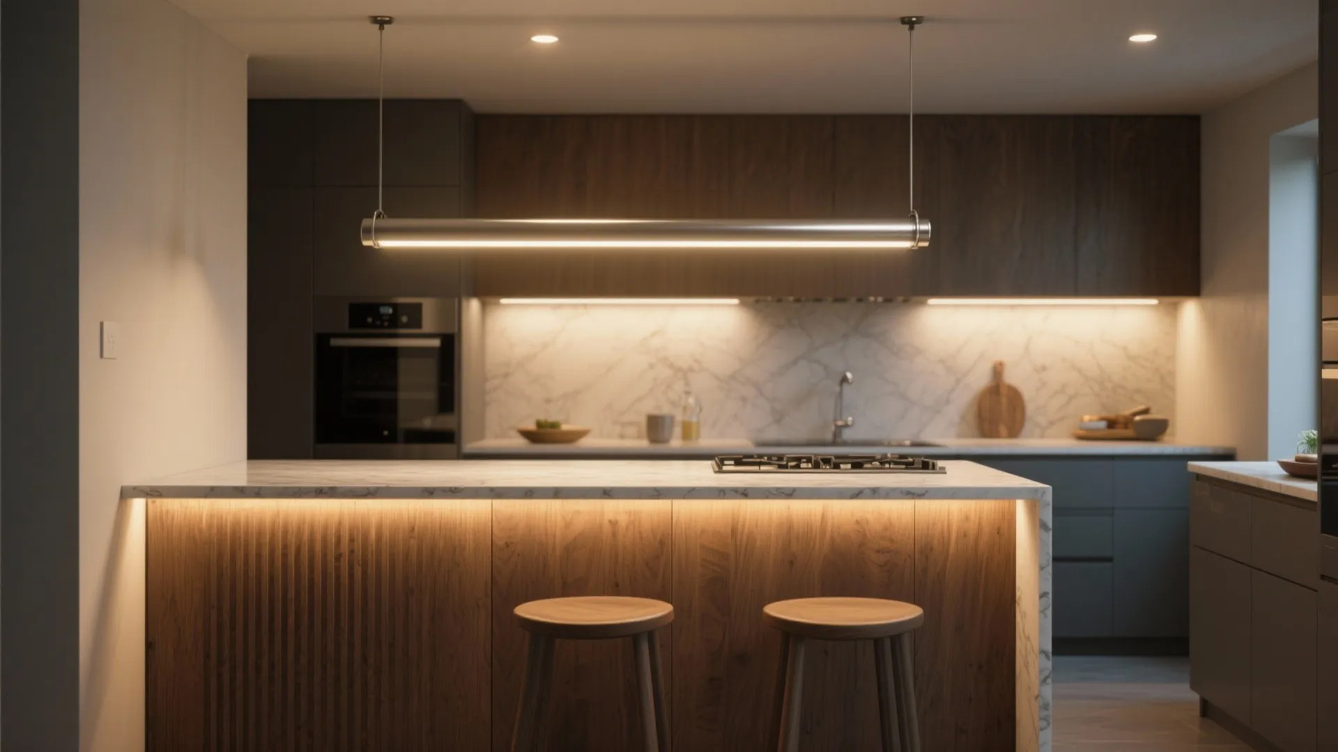 3. Slim linear pendants above narrow islands