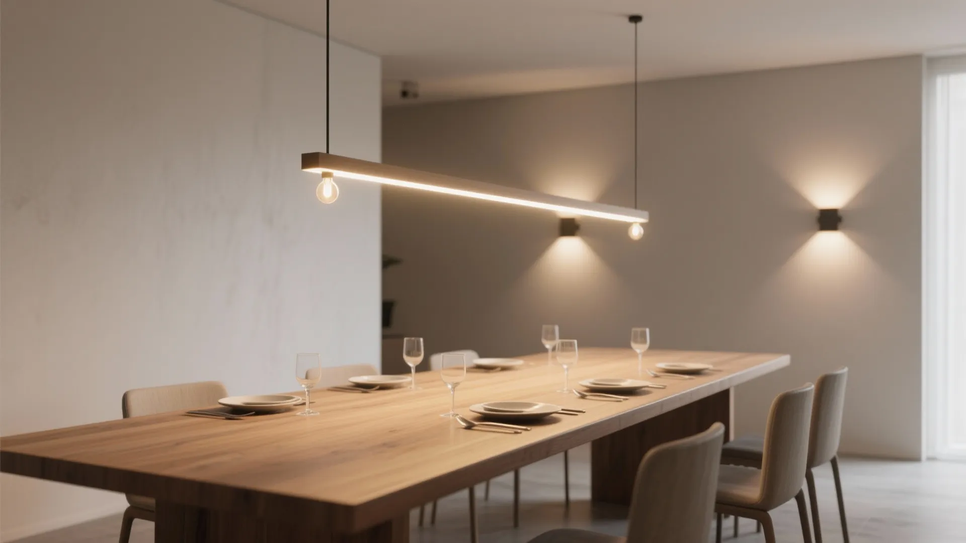Long wooden dining table with plates and glasses under a slim linear black ceiling light