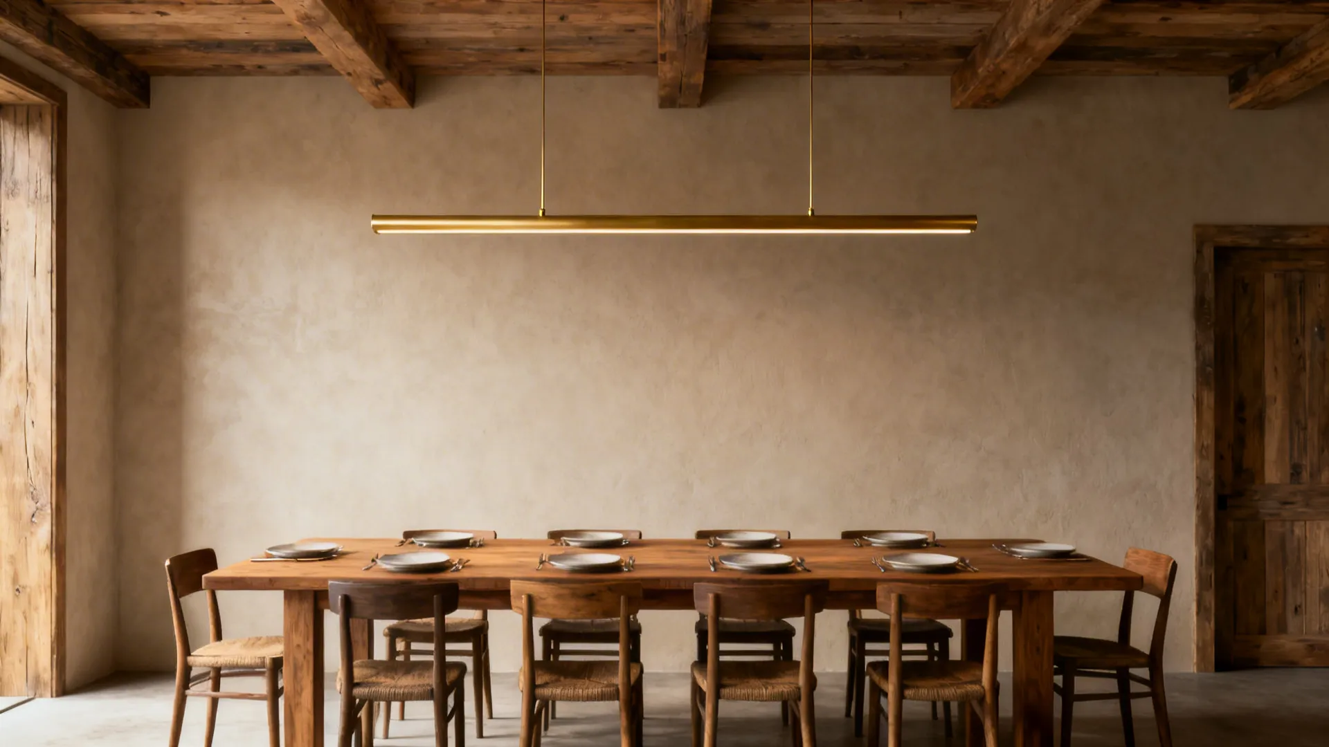 Modern farmhouse dining table lit by a low-hung slim brass linear pendant keeping sightlines open.