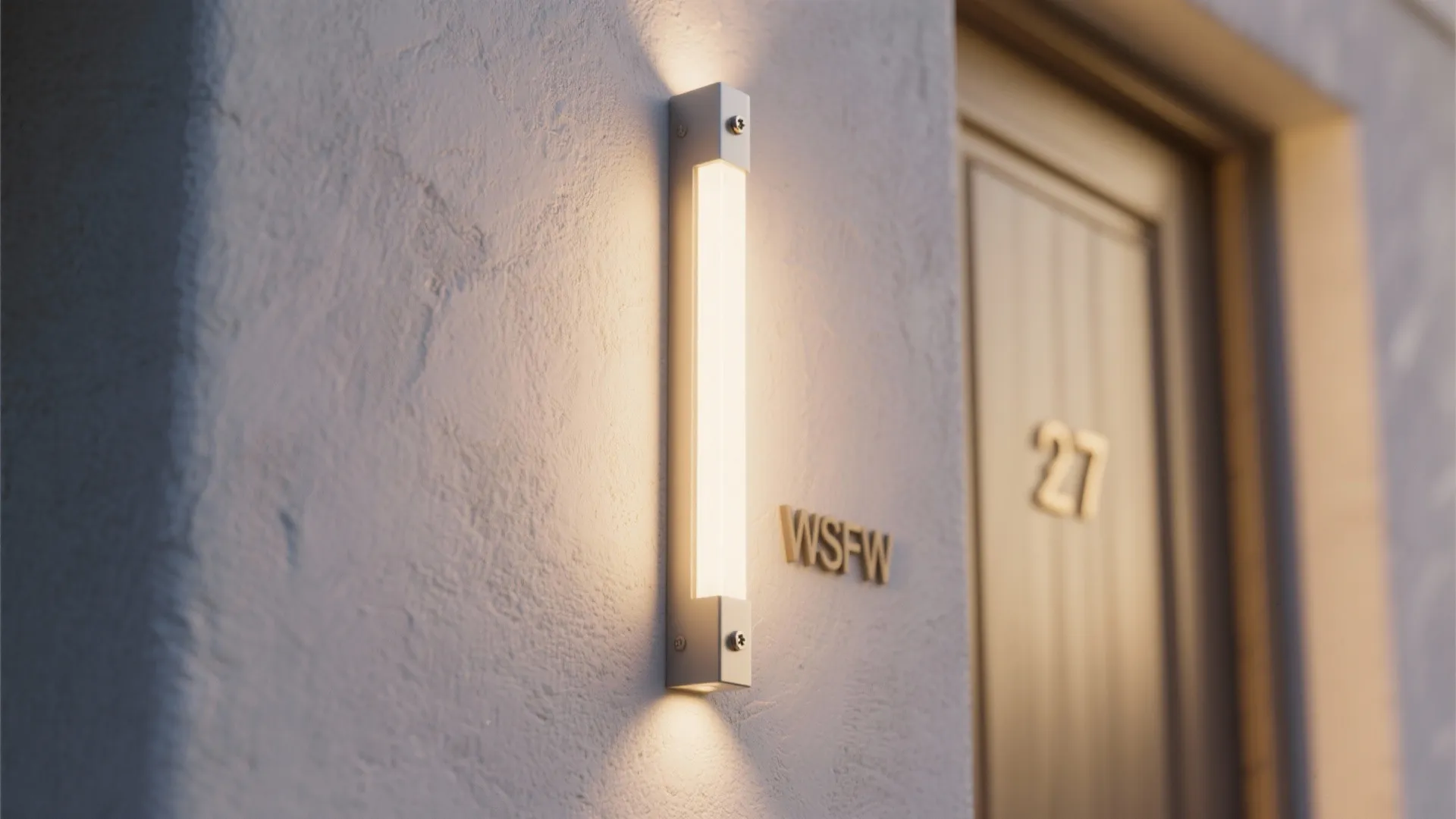 Slim white wall light mounted on a white exterior wall next to a wooden door