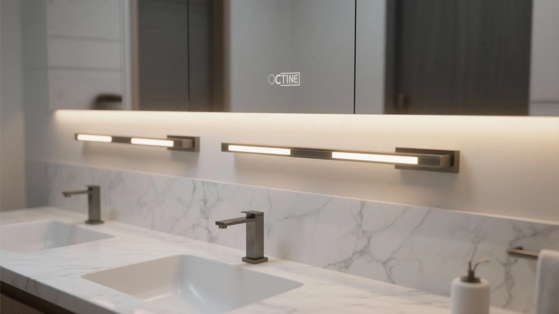 Modern bathroom vanity with double sinks marble countertop and long slim wall light fixtures above mirrors