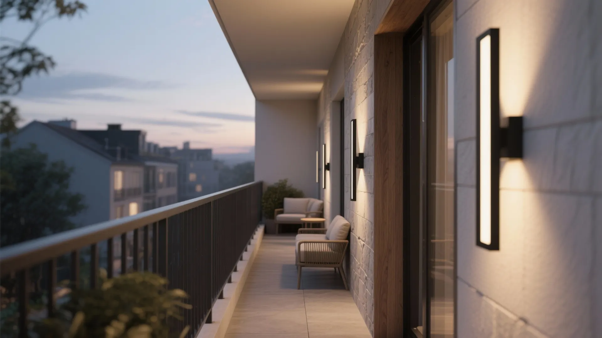 1. Slim linear sconces for narrow patios