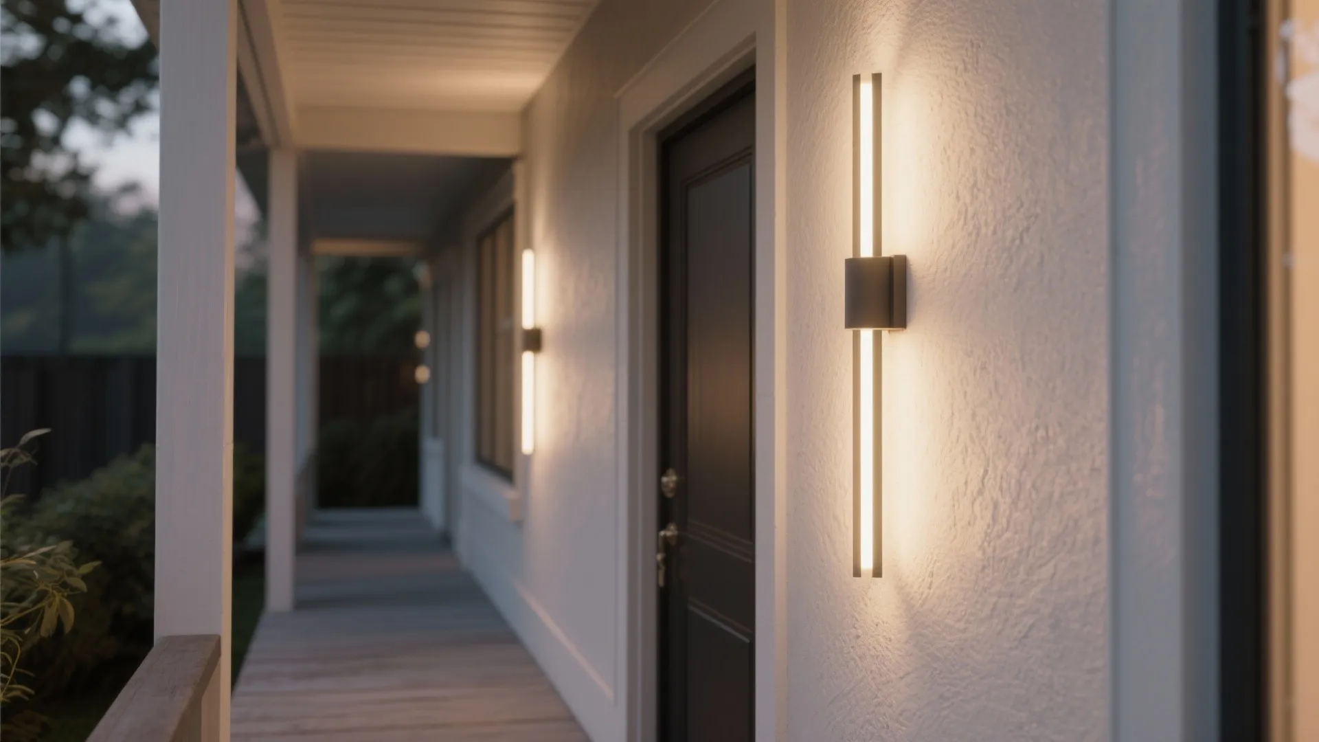 Narrow porch with slim vertical linear sconces casting vertical light and elongating the facade.