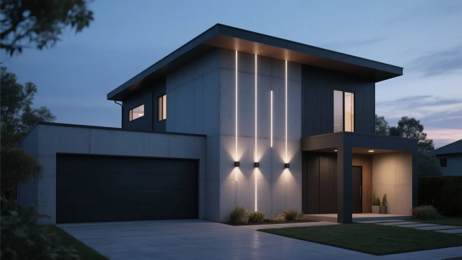 Modern concrete house at night with slim vertical wall lights on the front exterior wall