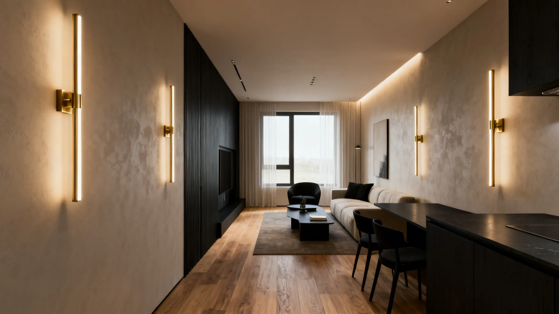 Narrow living room with slim linear brass and black LED sconces mounted at eye level, warm light elongating the ceiling