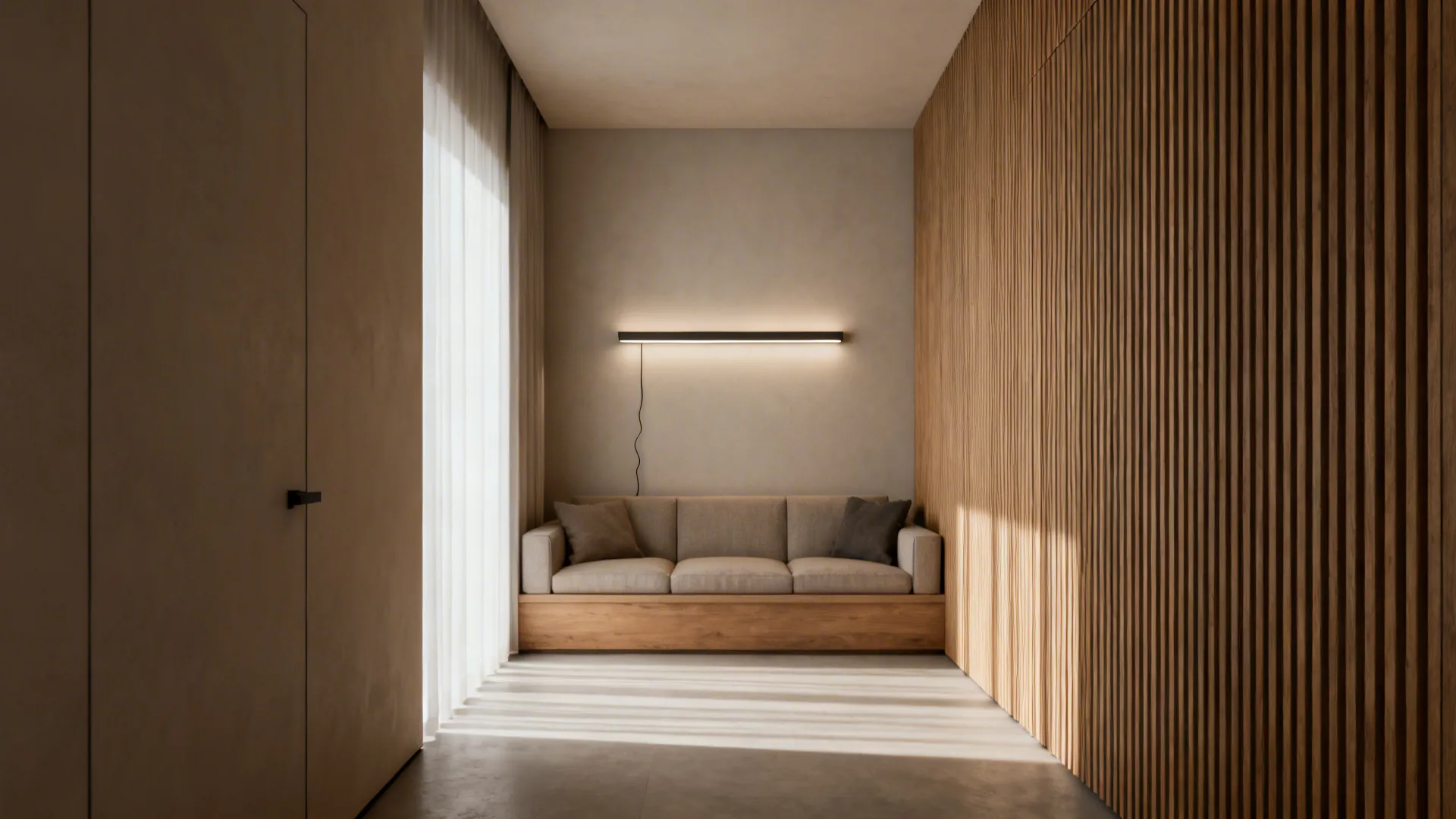 Modern room layout featuring beige sofa with wood panel wall and thin wall light fixture