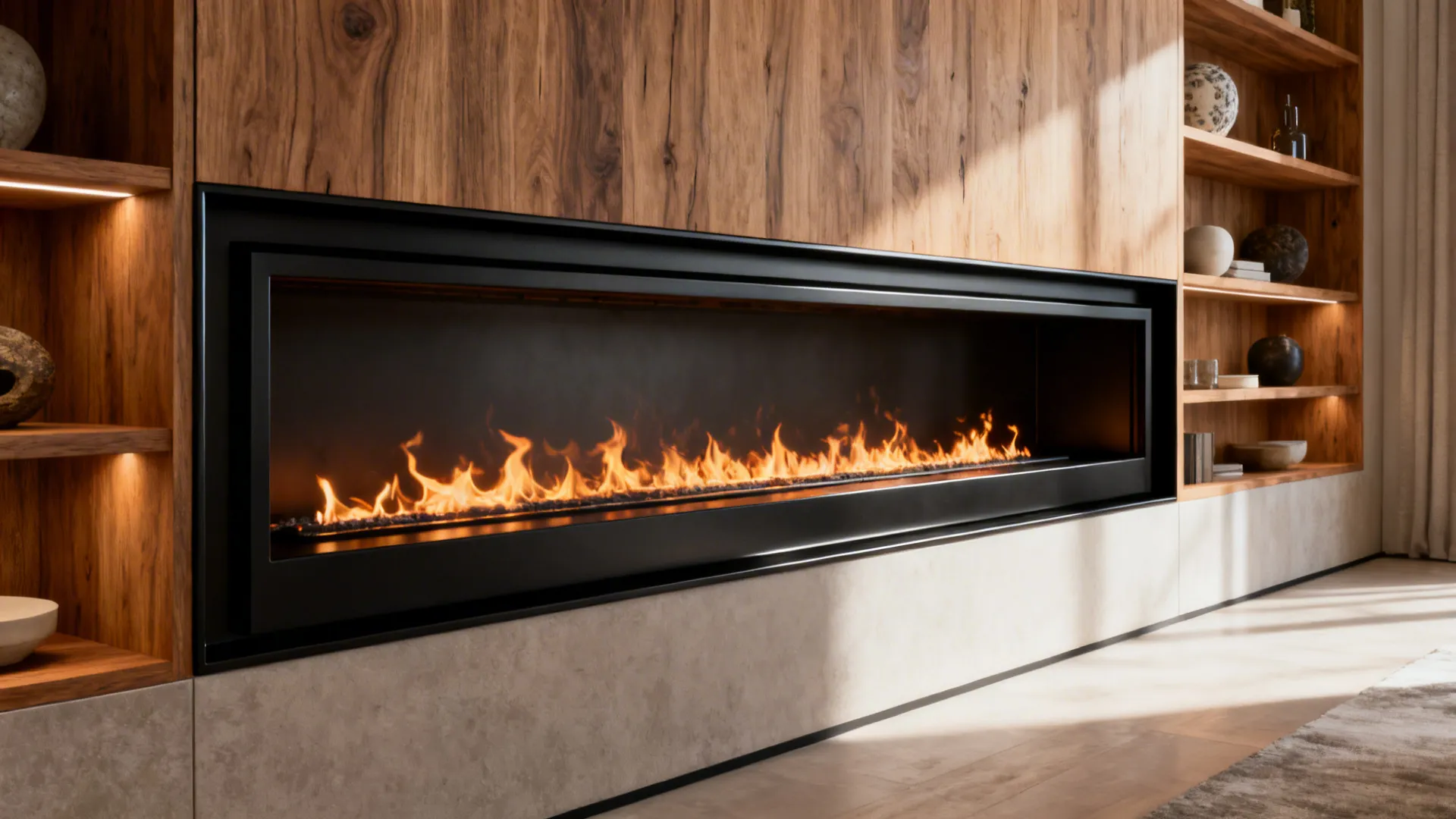 Slim linear corner fireplace with built-in timber shelving and warm flames.