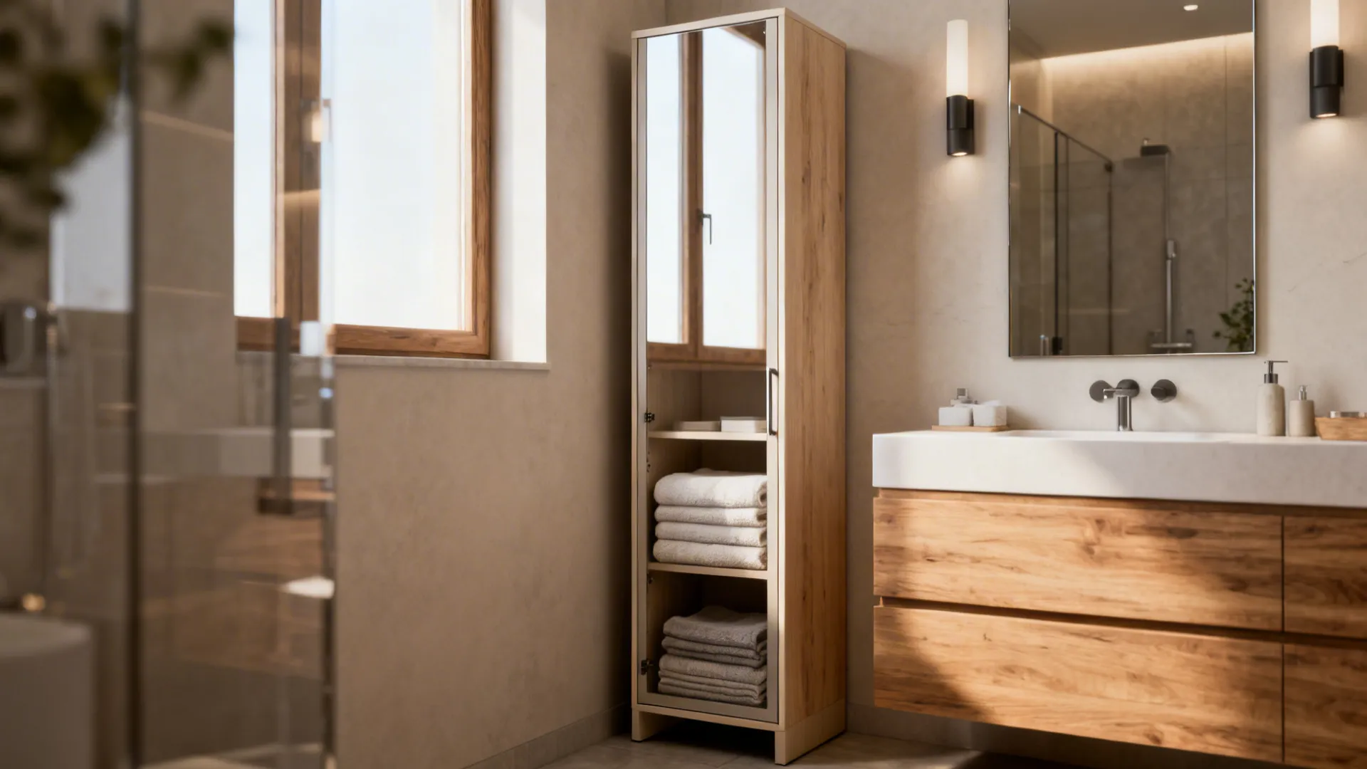 Slim linen cabinet with mirrored door between vanity and wall holding folded towels in a small bathroom.