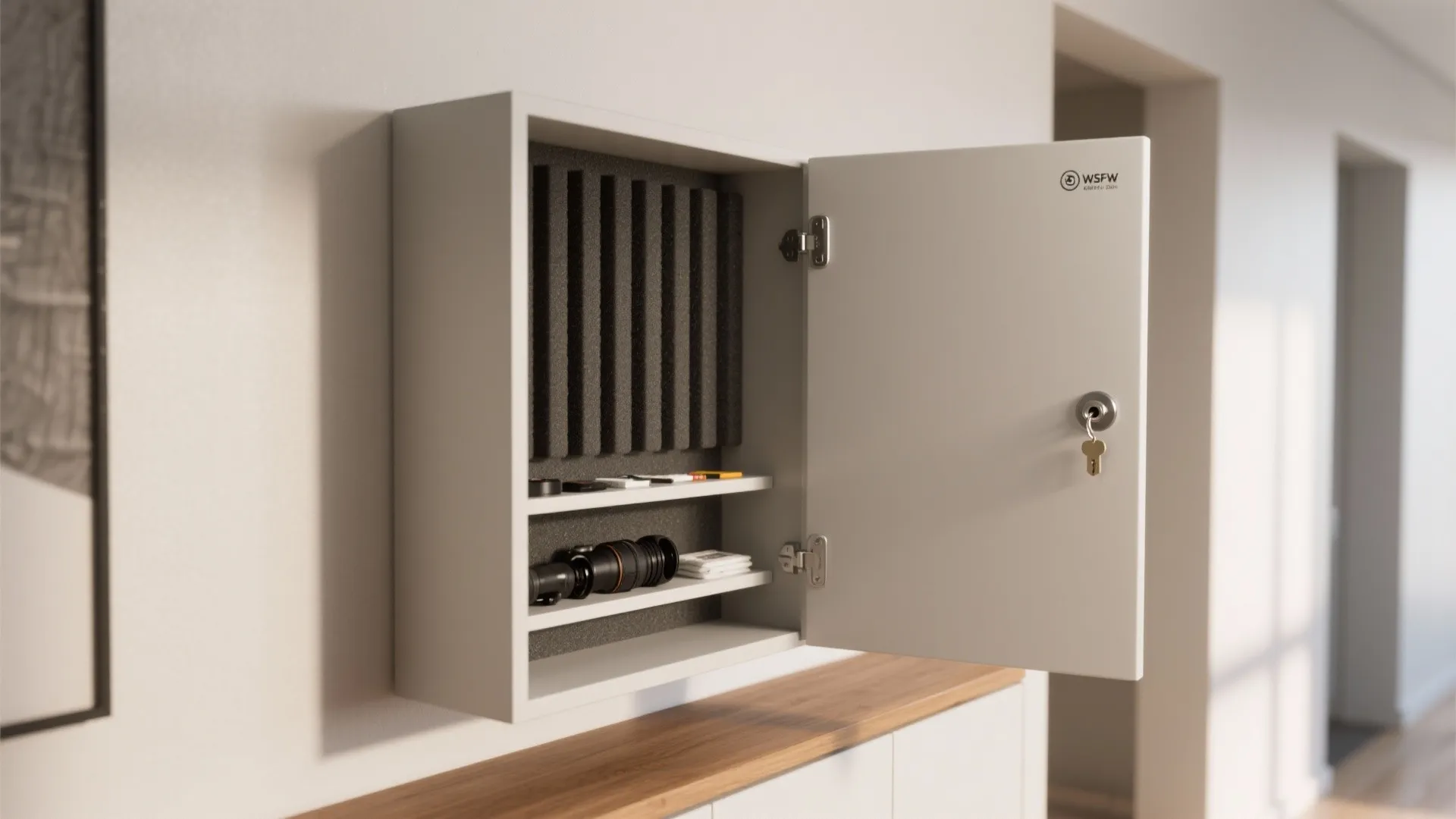 Small white wall cabinet with open door and key lock showing organized storage for equipment